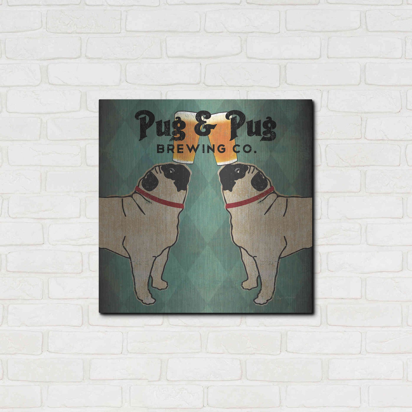 Luxe Metal Art 'Pug And Pug Brewing Square' by Ryan Fowler, Metal Wall Art,24x24