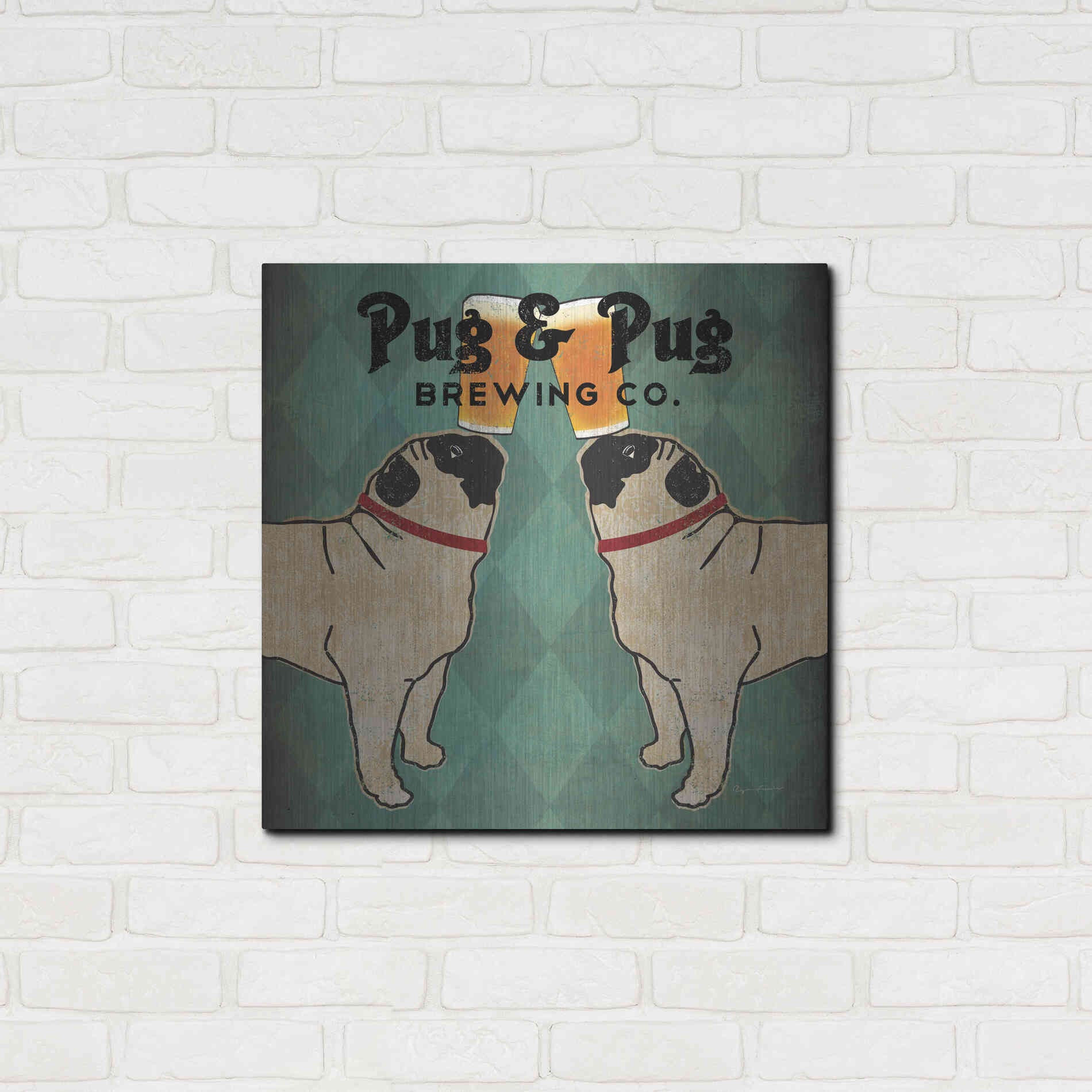 Luxe Metal Art 'Pug And Pug Brewing Square' by Ryan Fowler, Metal Wall Art,24x24