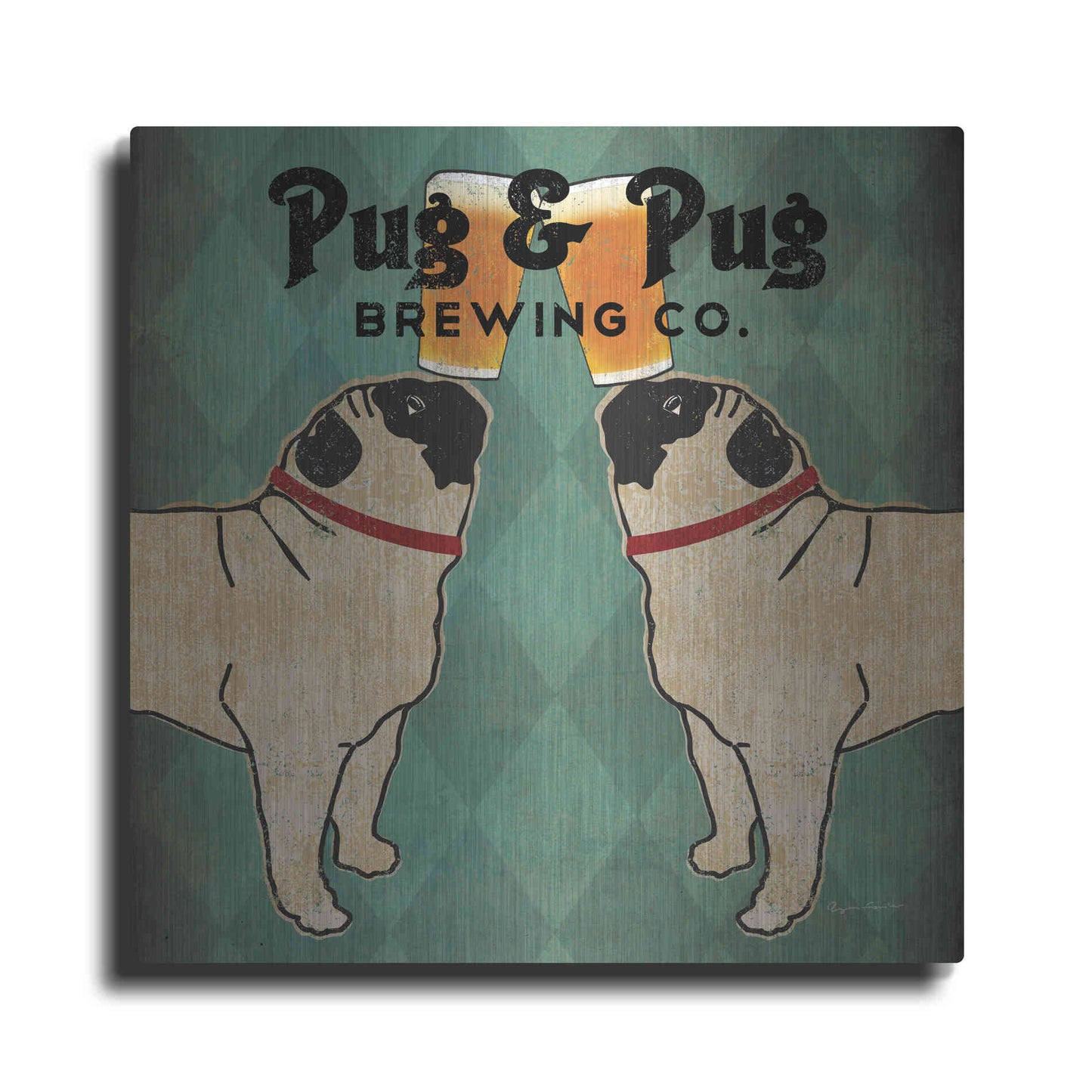 Luxe Metal Art 'Pug And Pug Brewing Square' by Ryan Fowler, Metal Wall Art