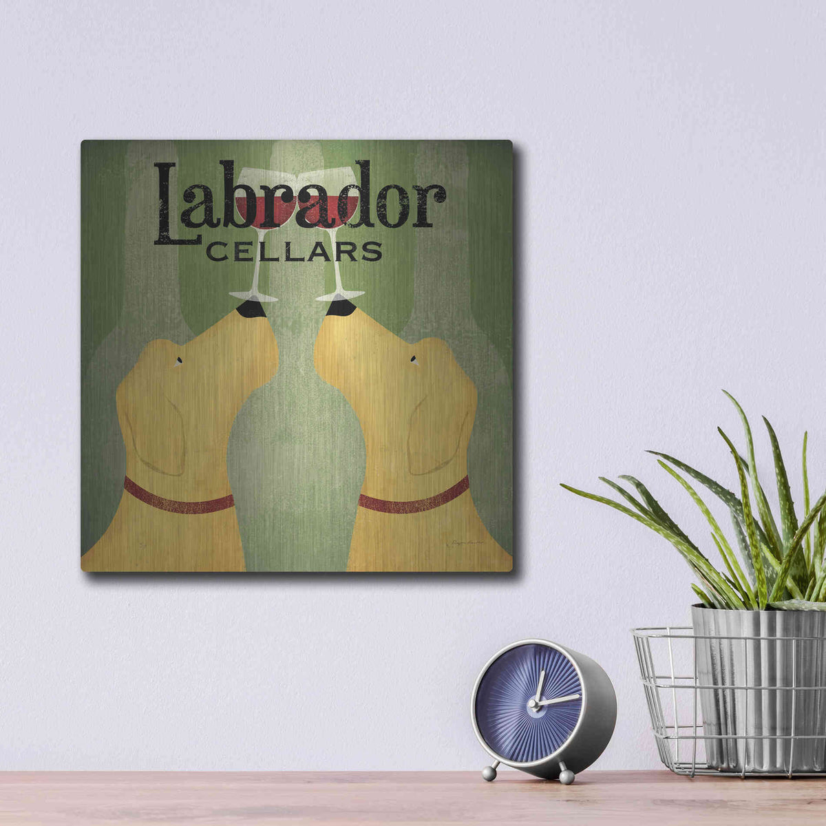 Luxe Metal Art 'Two Labrador Wine Dogs Square' by Ryan Fowler, Metal Wall Art,12x12