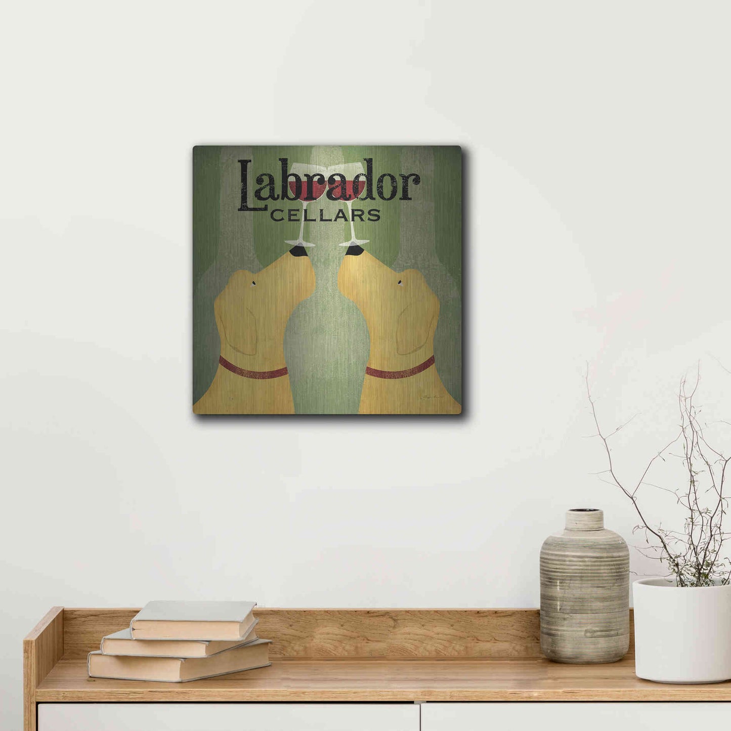Luxe Metal Art 'Two Labrador Wine Dogs Square' by Ryan Fowler, Metal Wall Art,12x12