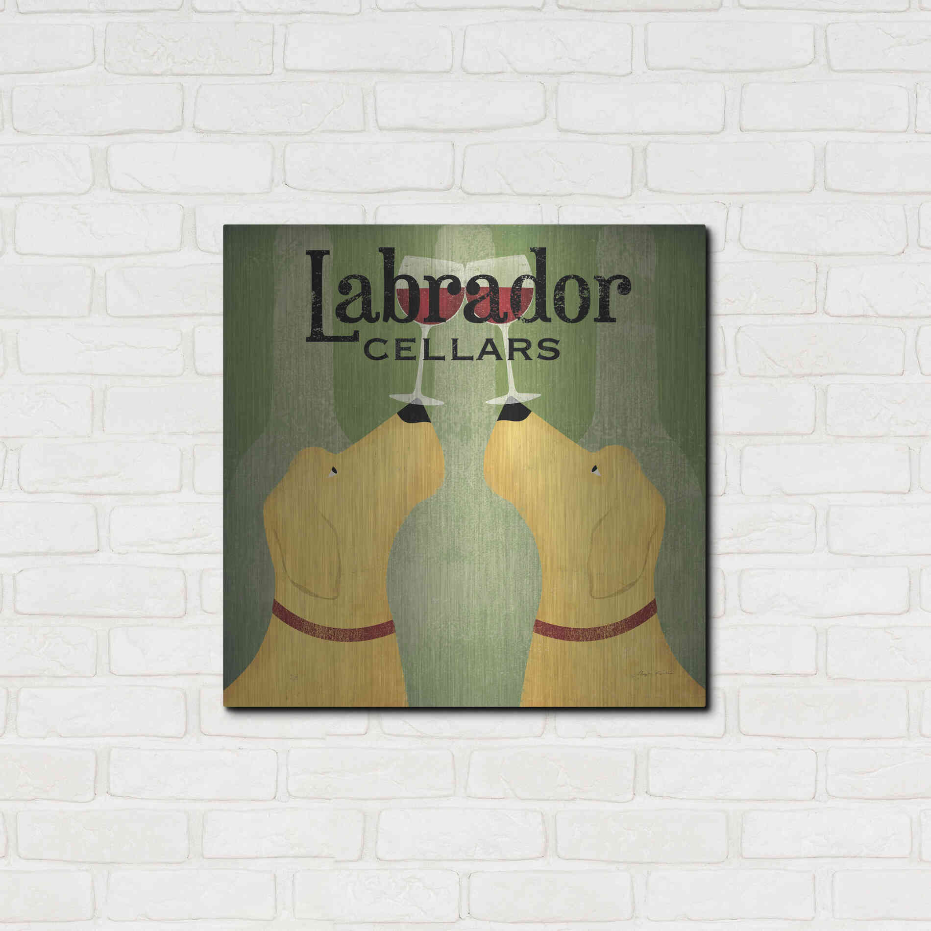 Luxe Metal Art 'Two Labrador Wine Dogs Square' by Ryan Fowler, Metal Wall Art,24x24