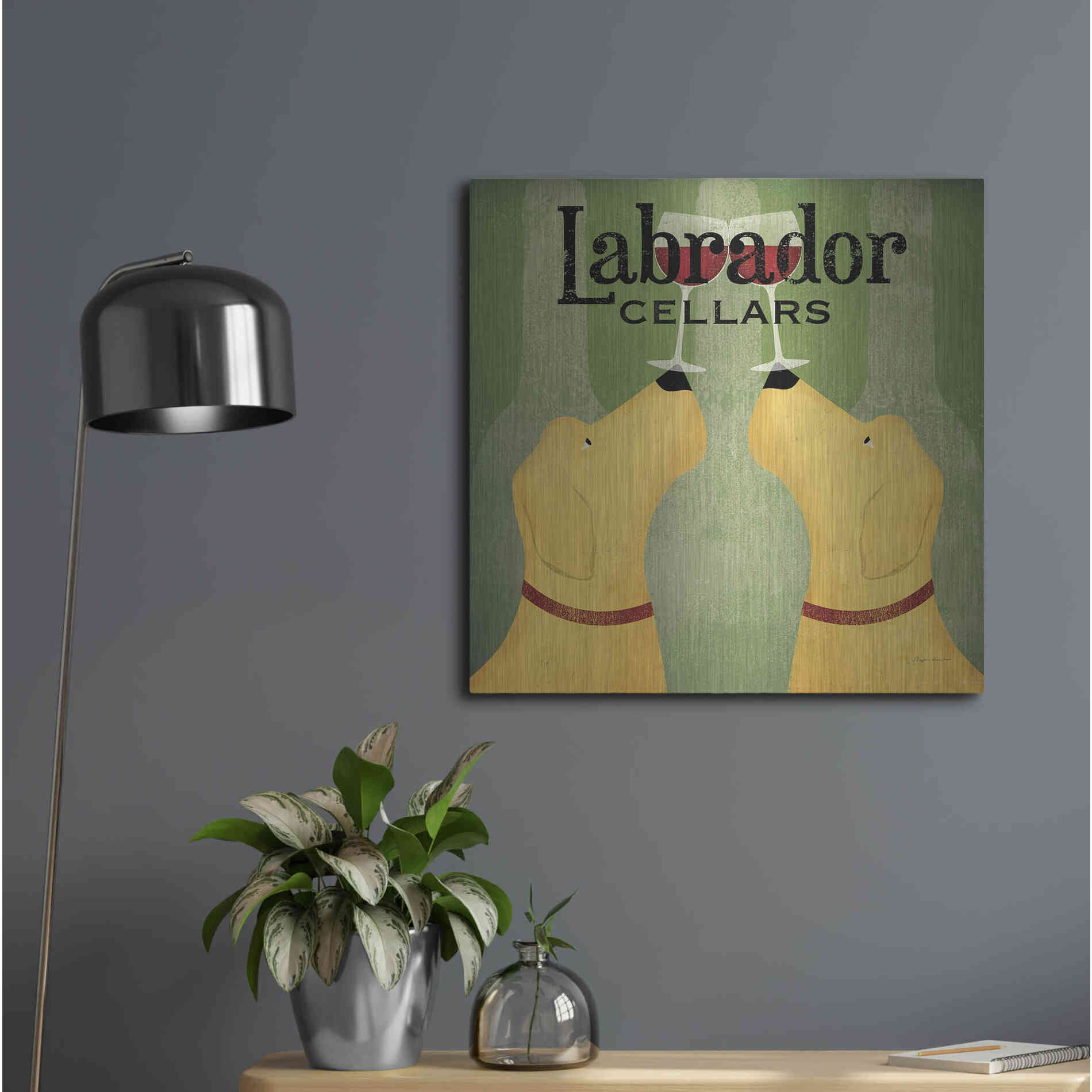 Luxe Metal Art 'Two Labrador Wine Dogs Square' by Ryan Fowler, Metal Wall Art,24x24