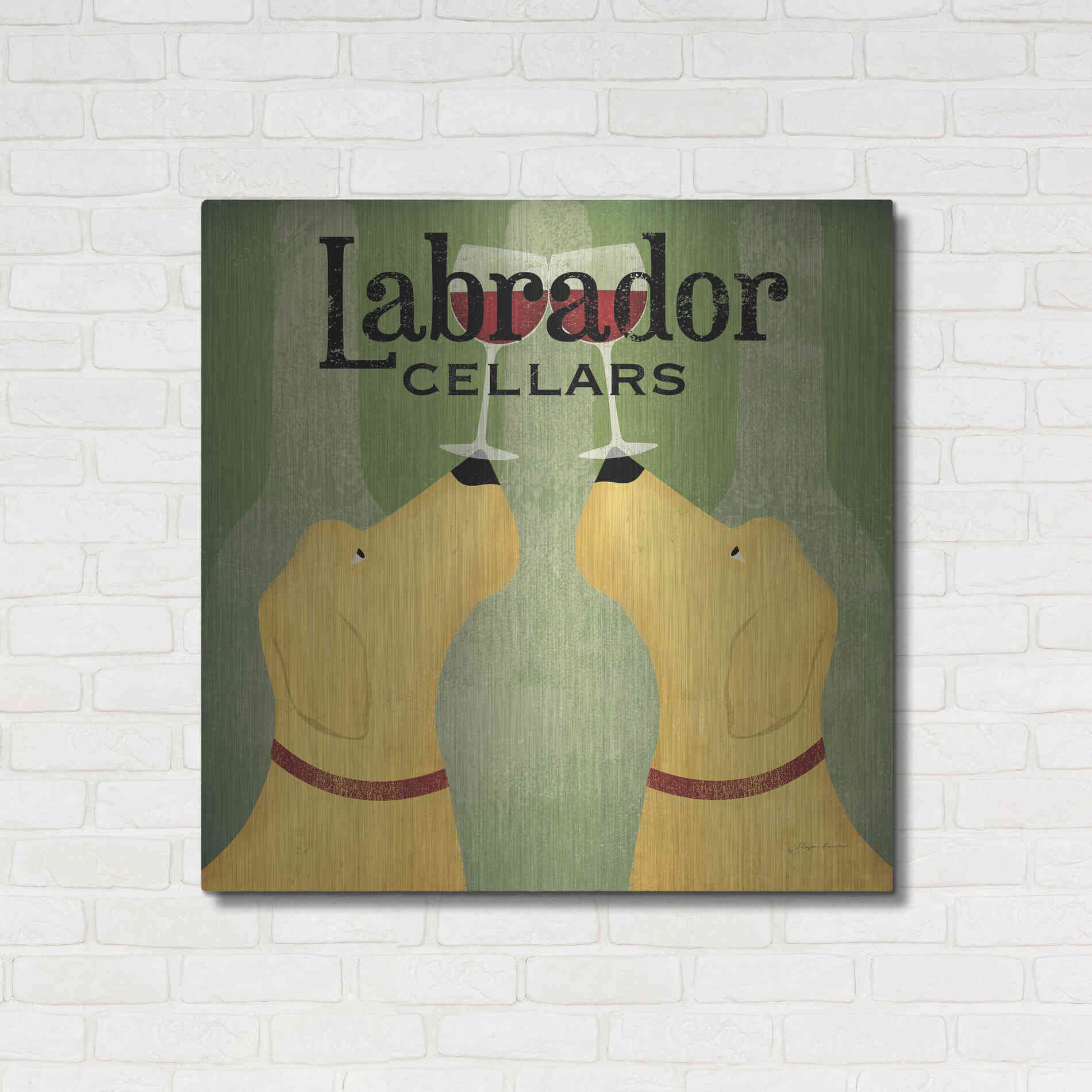 Luxe Metal Art 'Two Labrador Wine Dogs Square' by Ryan Fowler, Metal Wall Art,36x36