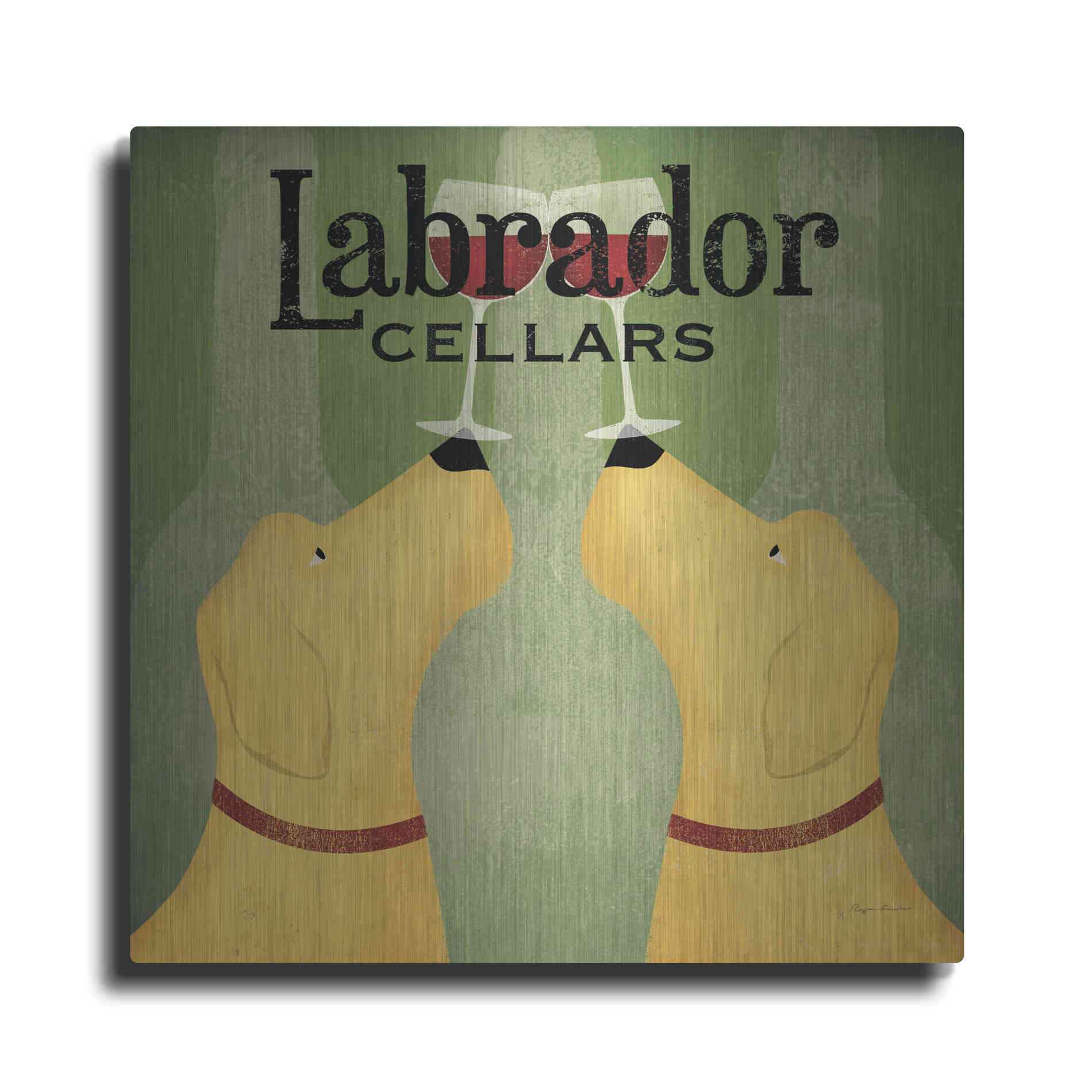 Luxe Metal Art 'Two Labrador Wine Dogs Square' by Ryan Fowler, Metal Wall Art