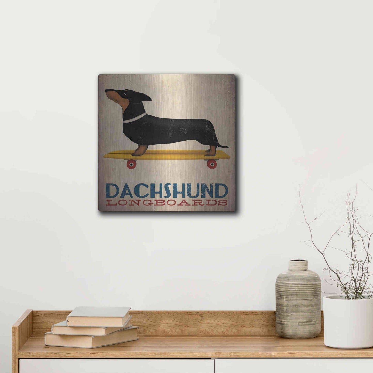 Luxe Metal Art 'Dachshund Longboards' by Ryan Fowler, Metal Wall Art,12x12