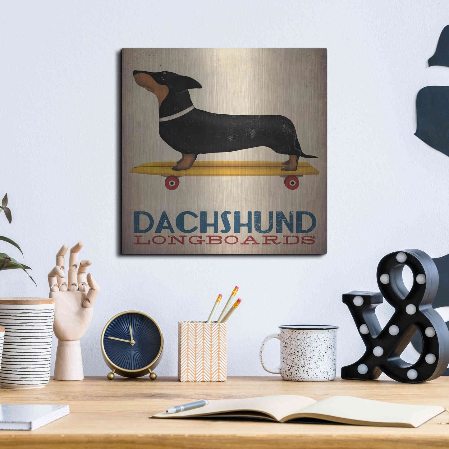 Luxe Metal Art 'Dachshund Longboards' by Ryan Fowler, Metal Wall Art,12x12