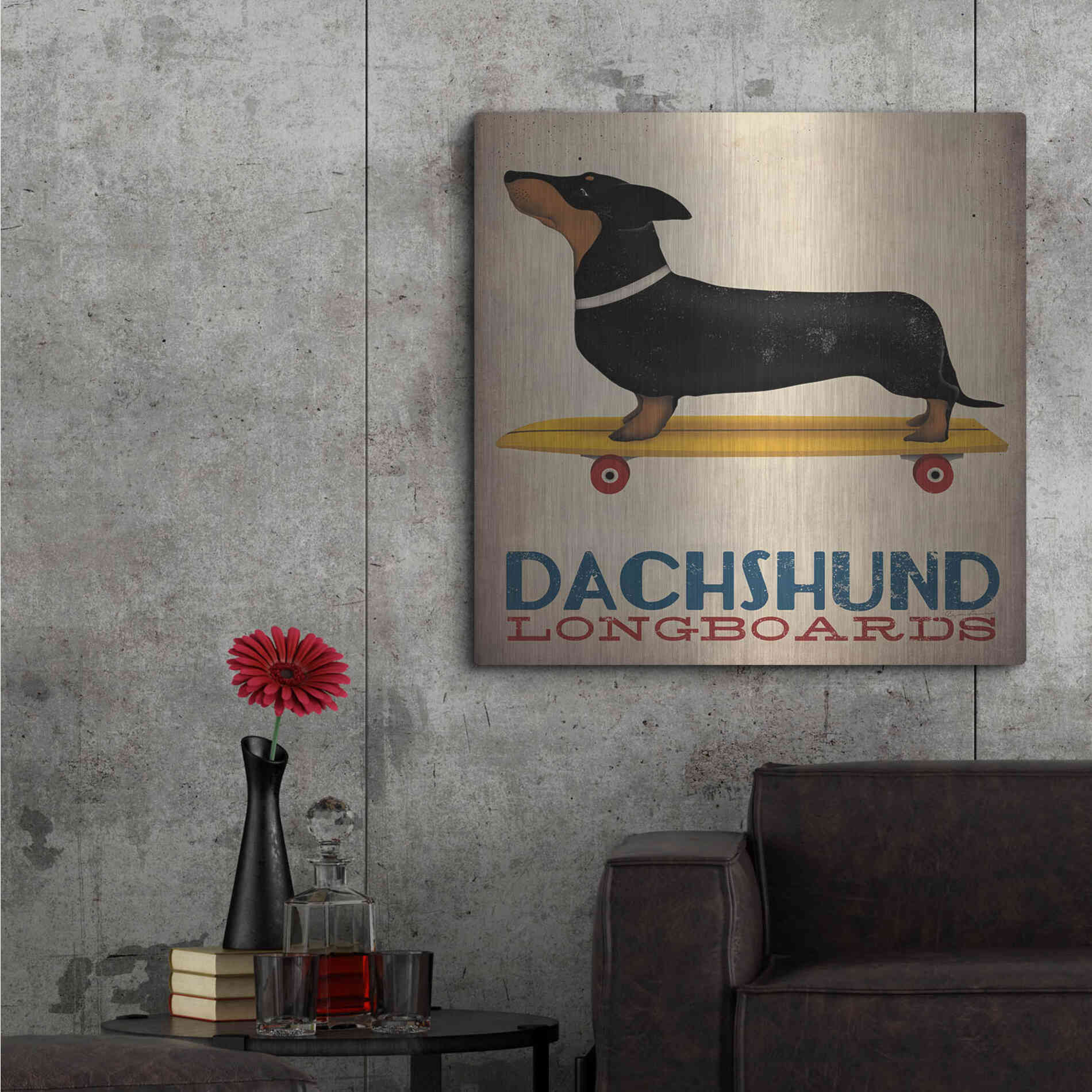 Luxe Metal Art 'Dachshund Longboards' by Ryan Fowler, Metal Wall Art,36x36