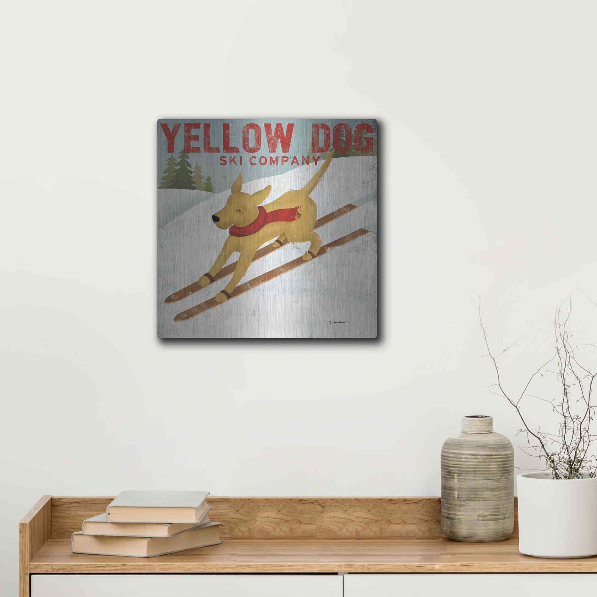 Luxe Metal Art 'Yellow Dog Ski Co' by Ryan Fowler, Metal Wall Art,12x12