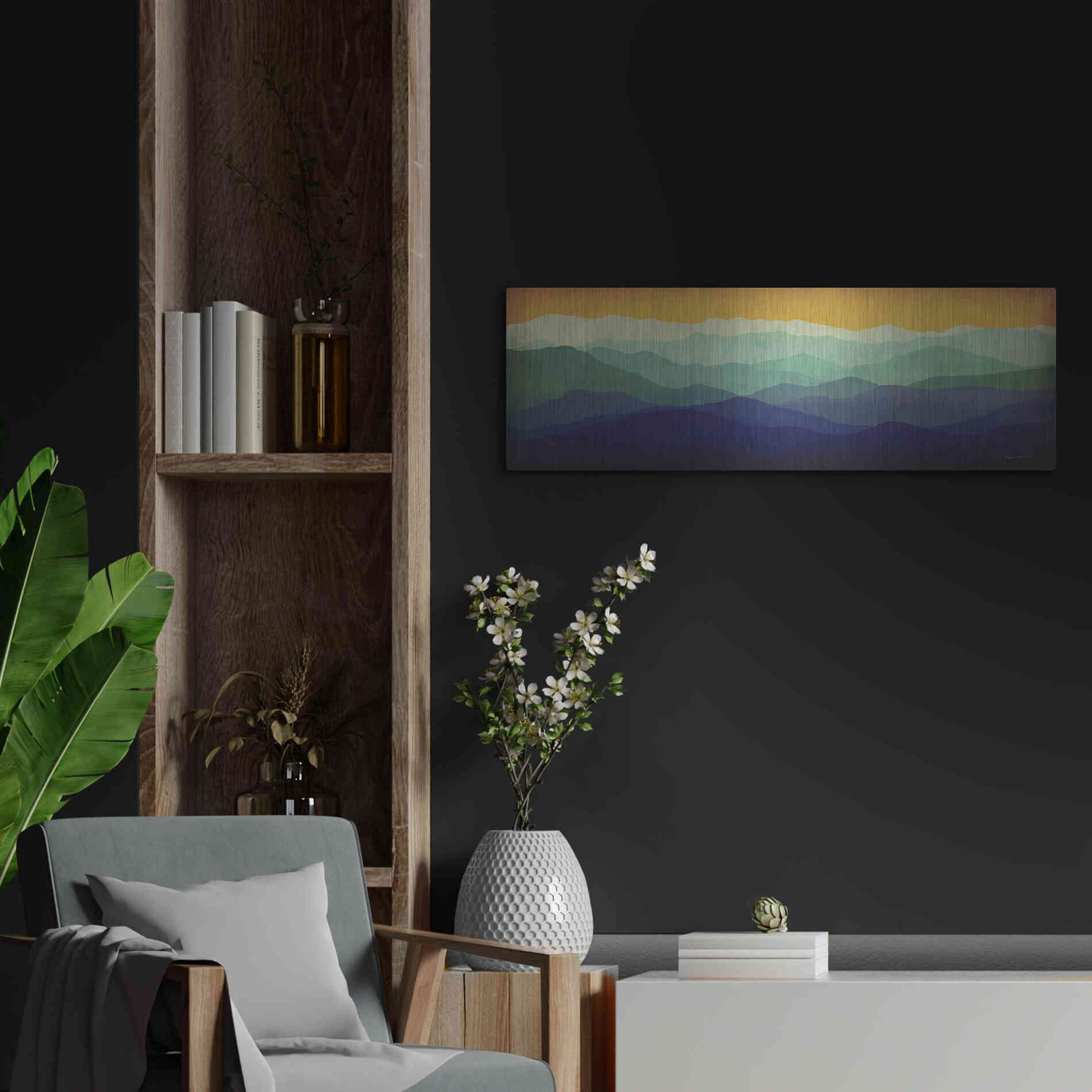 Luxe Metal Art 'Yellow Sky Mountains' by Ryan Fowler, Metal Wall Art,36x12