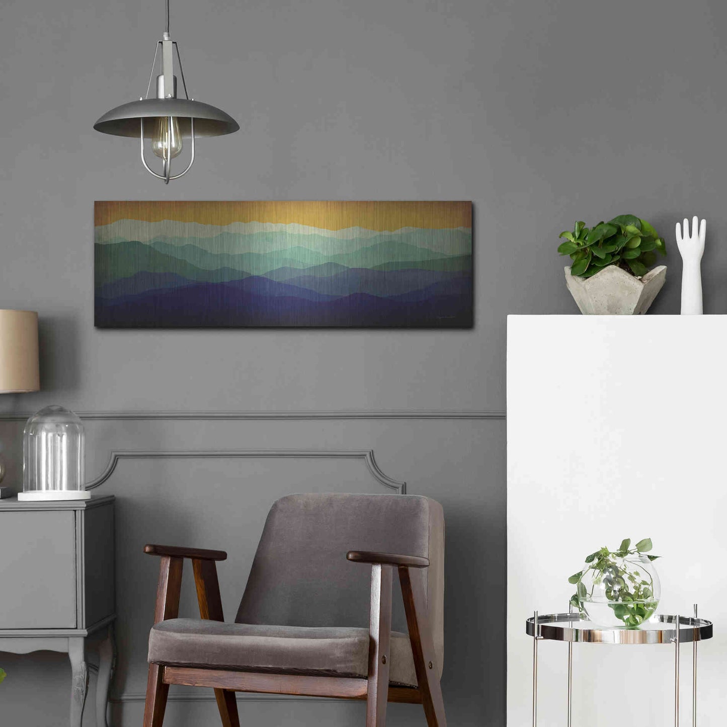 Luxe Metal Art 'Yellow Sky Mountains' by Ryan Fowler, Metal Wall Art,36x12