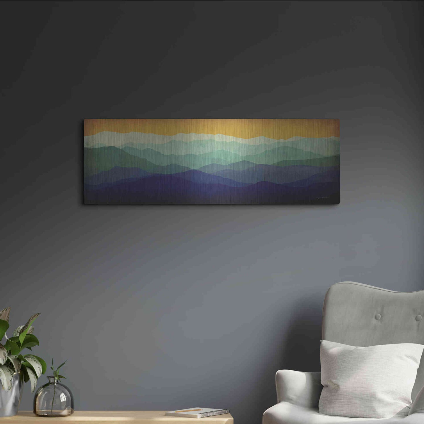 Luxe Metal Art 'Yellow Sky Mountains' by Ryan Fowler, Metal Wall Art,36x12