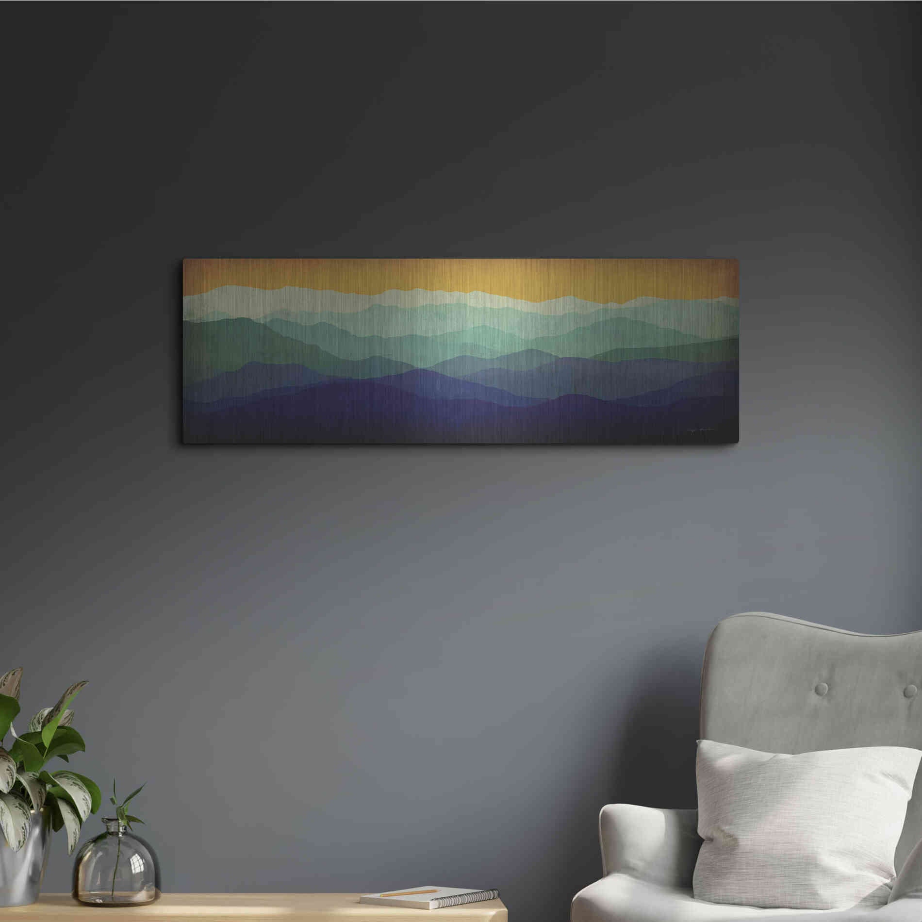 Luxe Metal Art 'Yellow Sky Mountains' by Ryan Fowler, Metal Wall Art,36x12