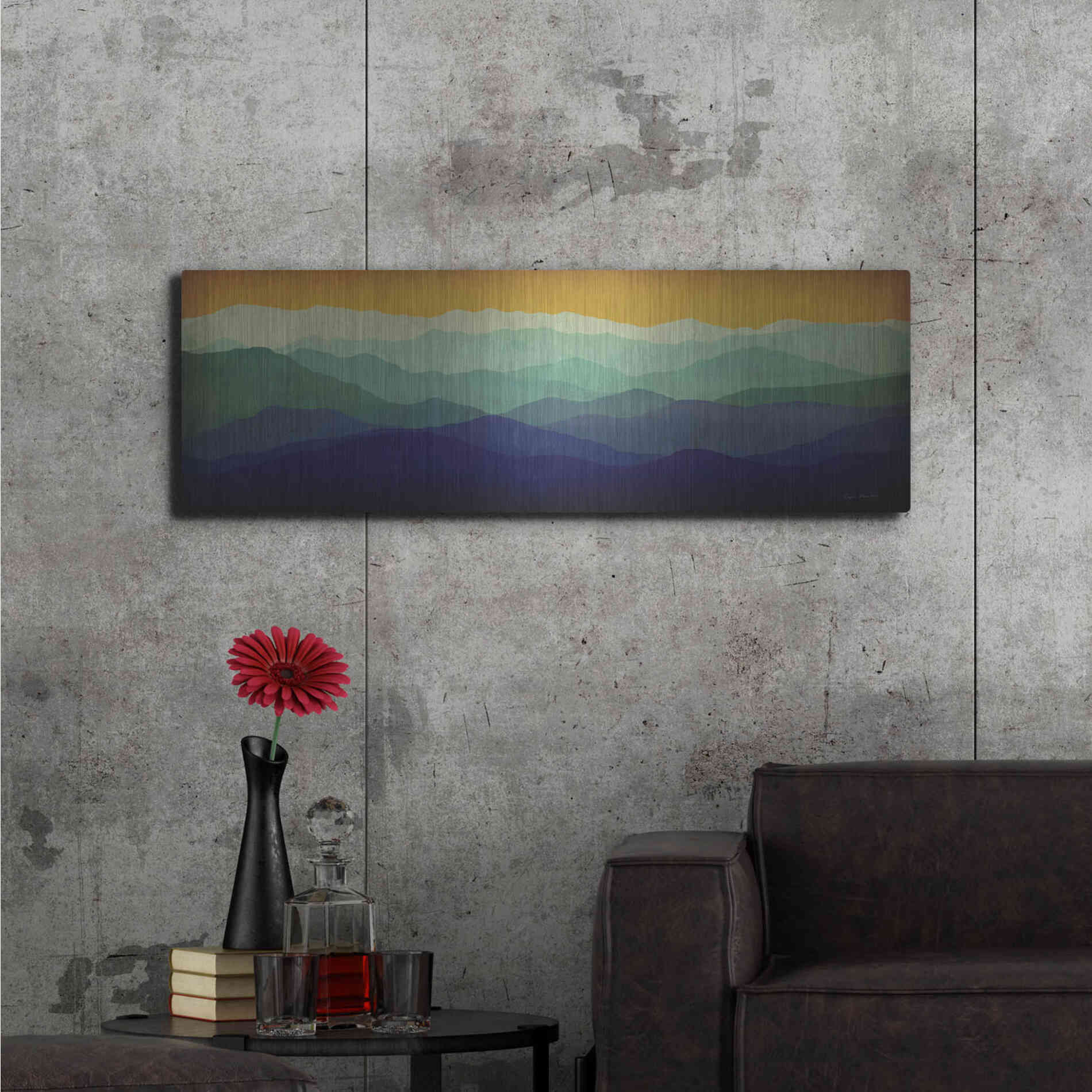 Luxe Metal Art 'Yellow Sky Mountains' by Ryan Fowler, Metal Wall Art,48x16