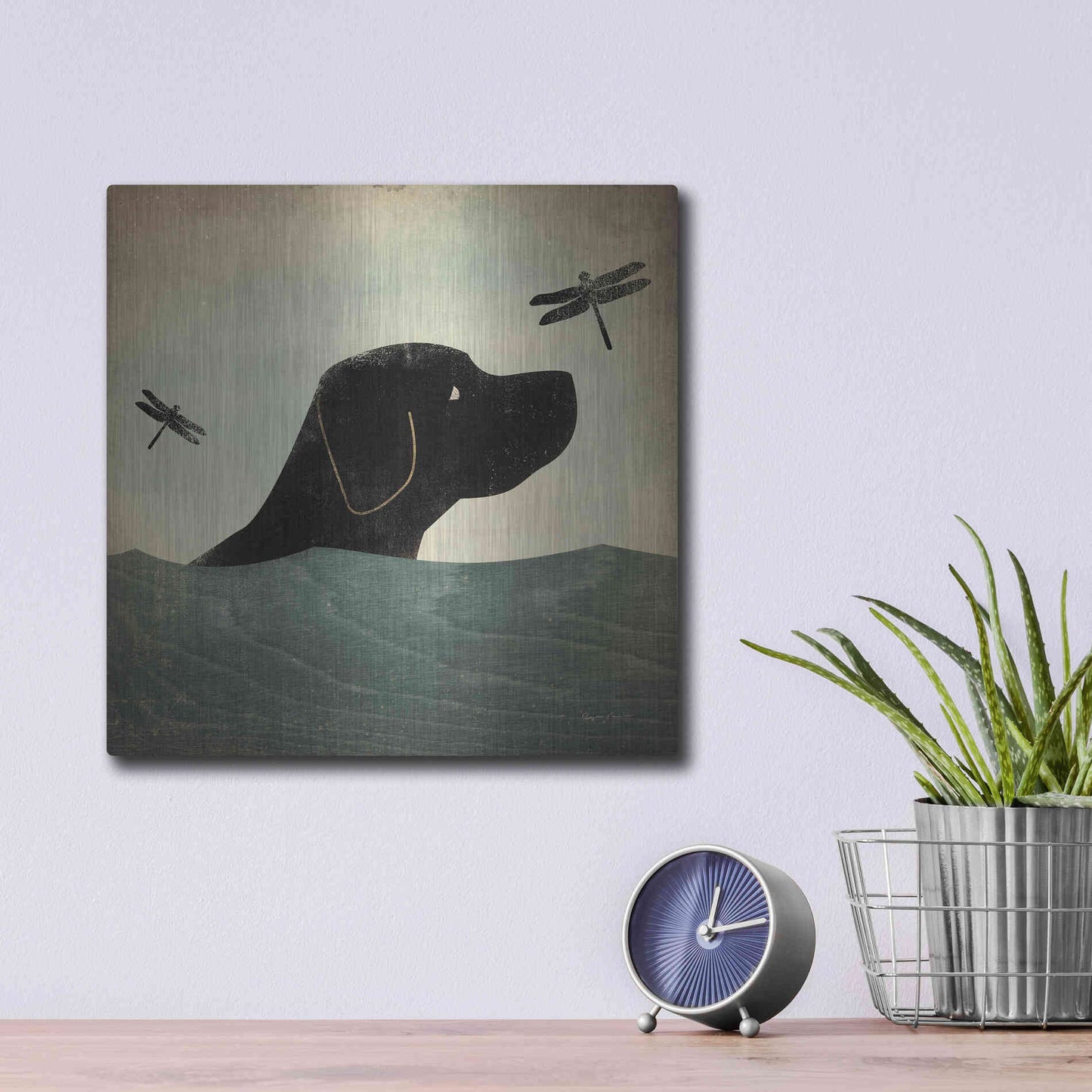 Luxe Metal Art 'Black Dog Swim' by Ryan Fowler, Metal Wall Art,12x12