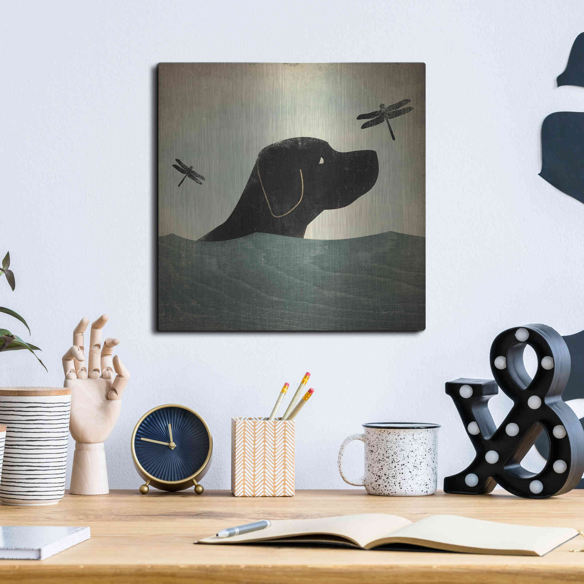 Luxe Metal Art 'Black Dog Swim' by Ryan Fowler, Metal Wall Art,12x12