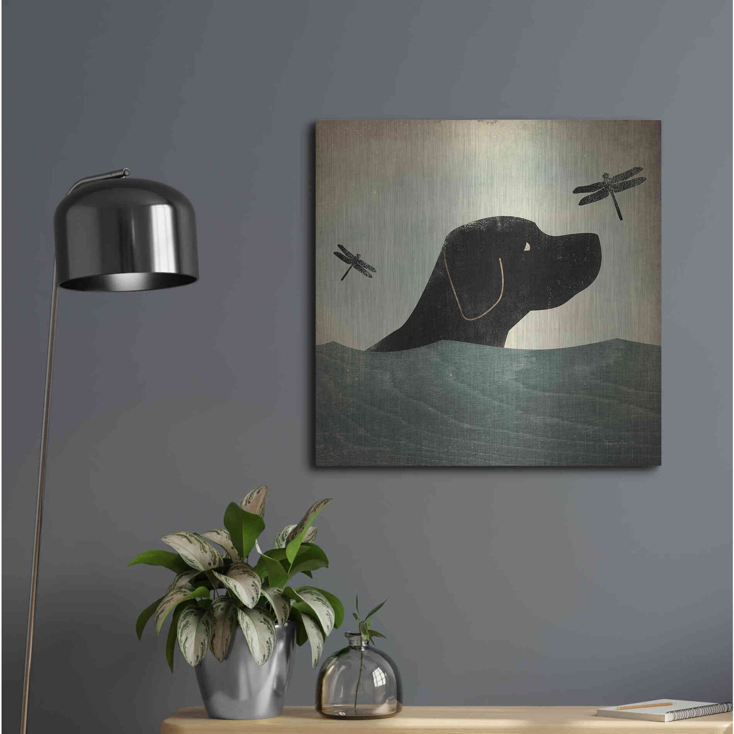 Luxe Metal Art 'Black Dog Swim' by Ryan Fowler, Metal Wall Art,24x24