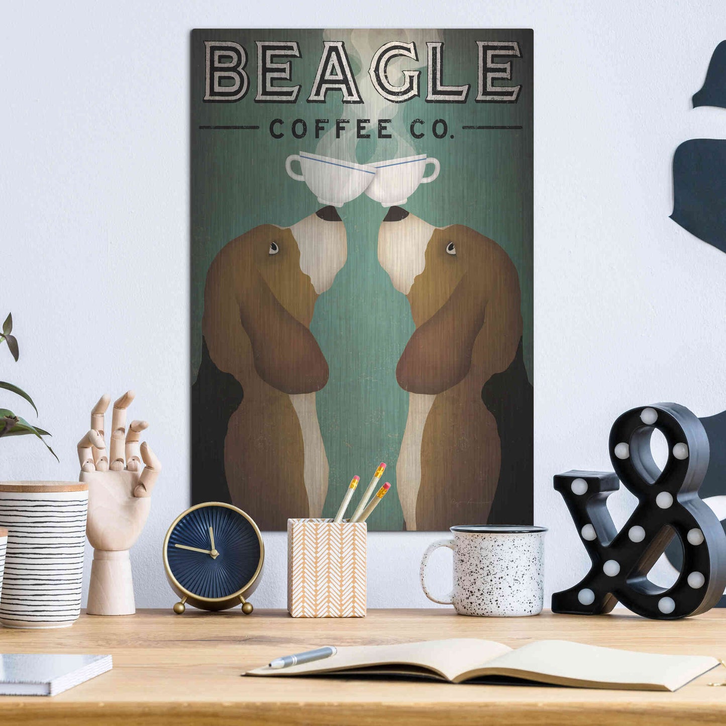 Luxe Metal Art 'Beagle Coffee Co' by Ryan Fowler, Metal Wall Art,12x16