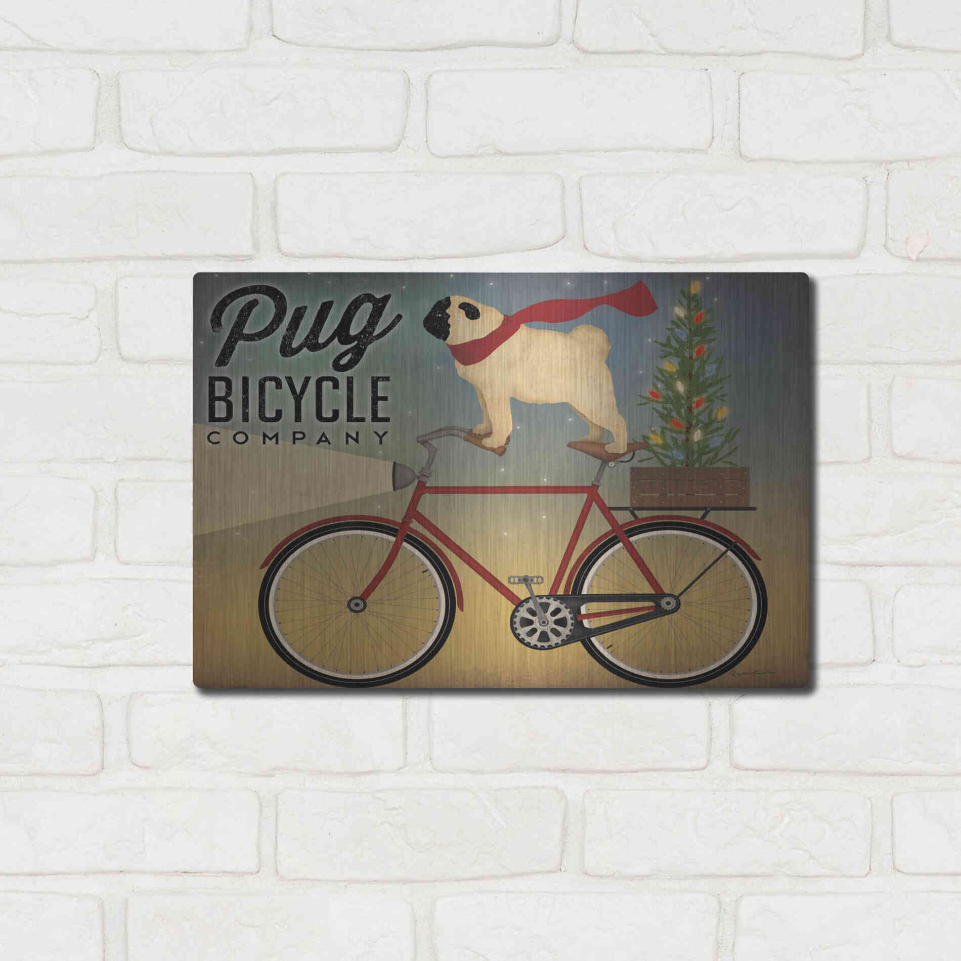 Luxe Metal Art 'Pug On A Bike Christmas Crop' by Ryan Fowler, Metal Wall Art,16x12