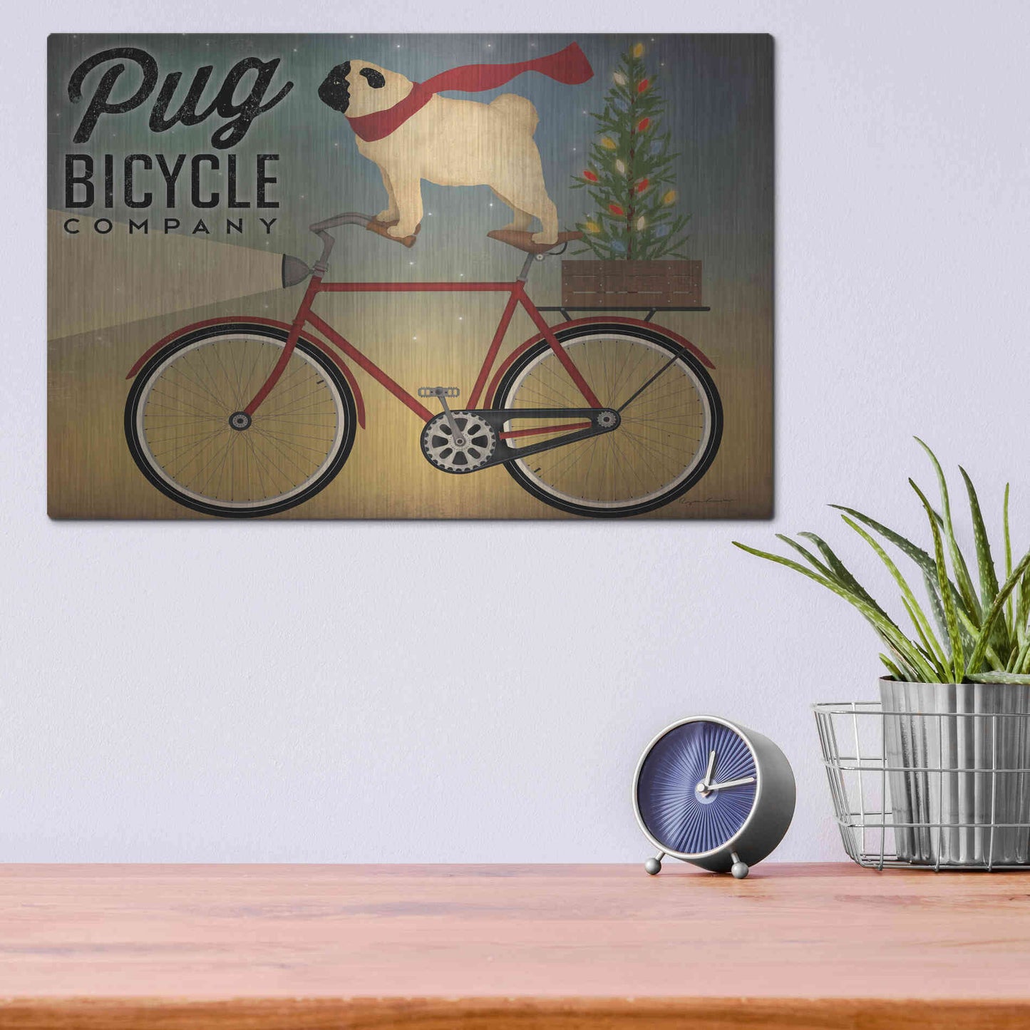 Luxe Metal Art 'Pug On A Bike Christmas Crop' by Ryan Fowler, Metal Wall Art,16x12