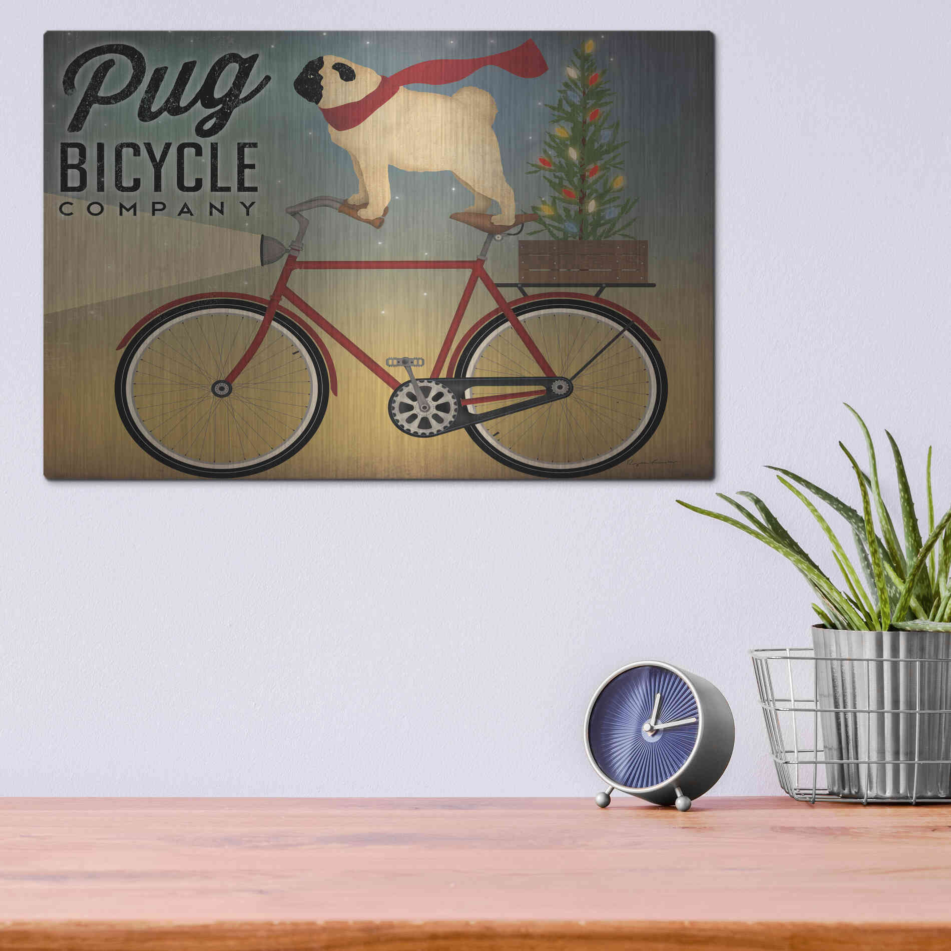 Luxe Metal Art 'Pug On A Bike Christmas Crop' by Ryan Fowler, Metal Wall Art,16x12