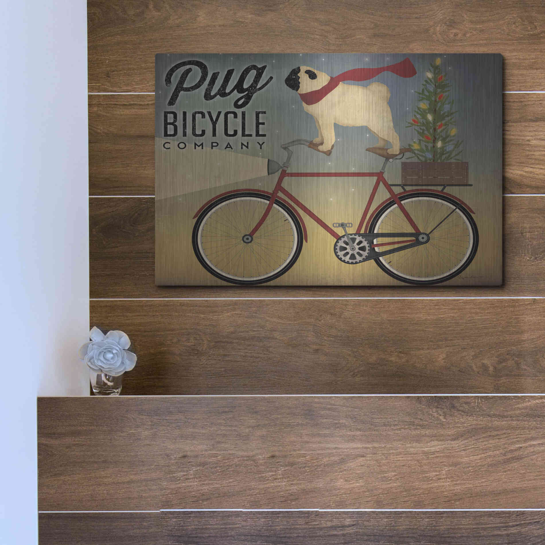 Luxe Metal Art 'Pug On A Bike Christmas Crop' by Ryan Fowler, Metal Wall Art,16x12