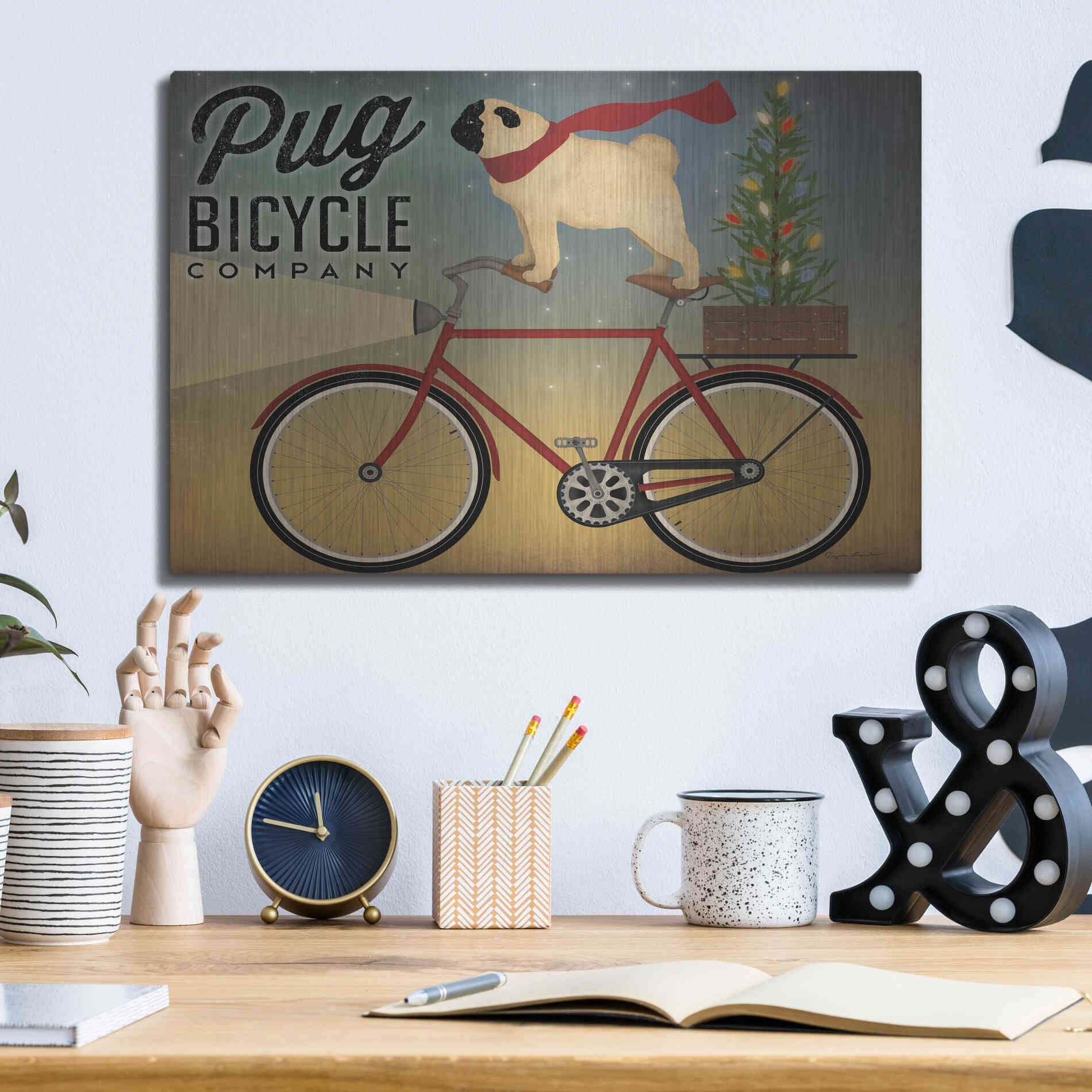 Luxe Metal Art 'Pug On A Bike Christmas Crop' by Ryan Fowler, Metal Wall Art,16x12