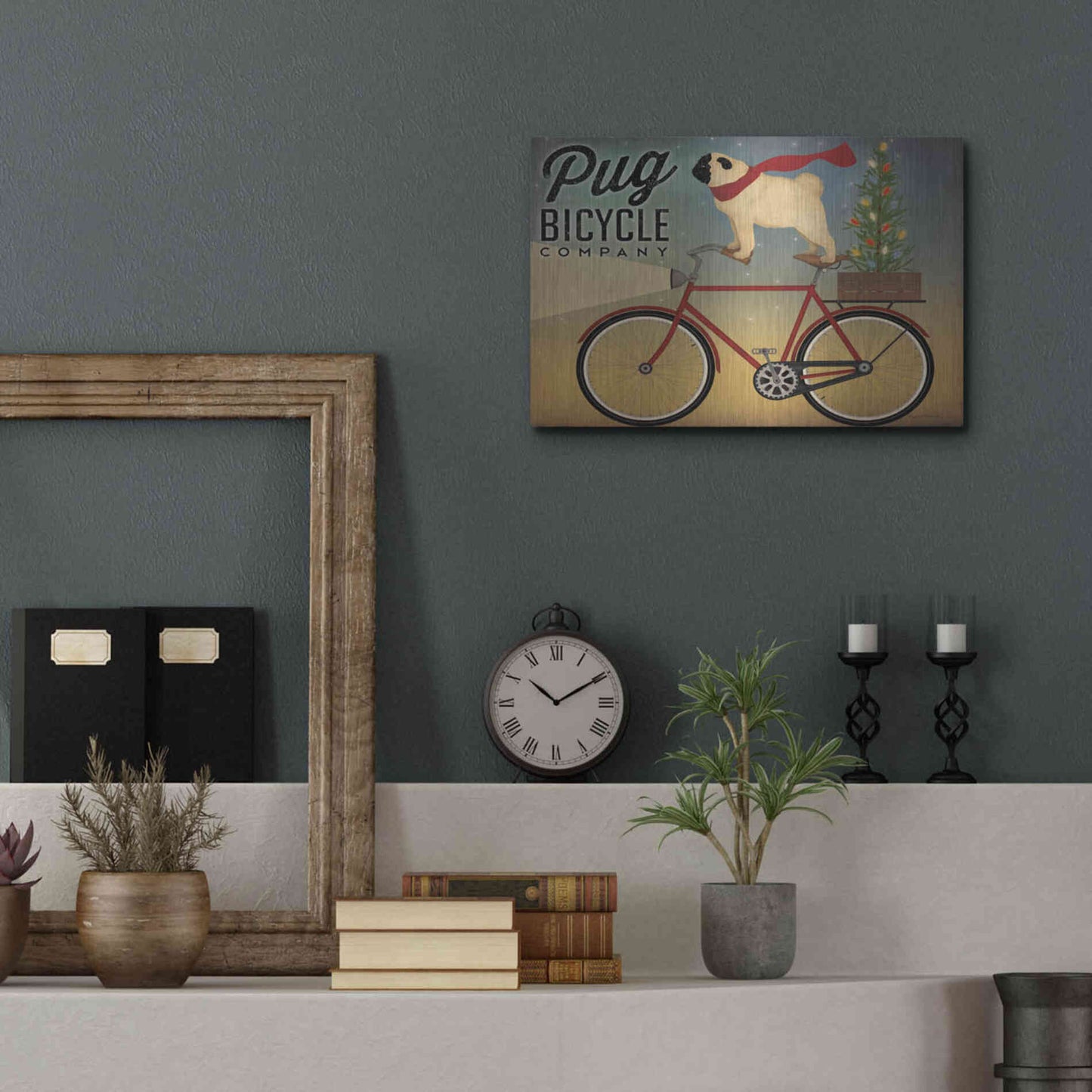 Luxe Metal Art 'Pug On A Bike Christmas Crop' by Ryan Fowler, Metal Wall Art,16x12