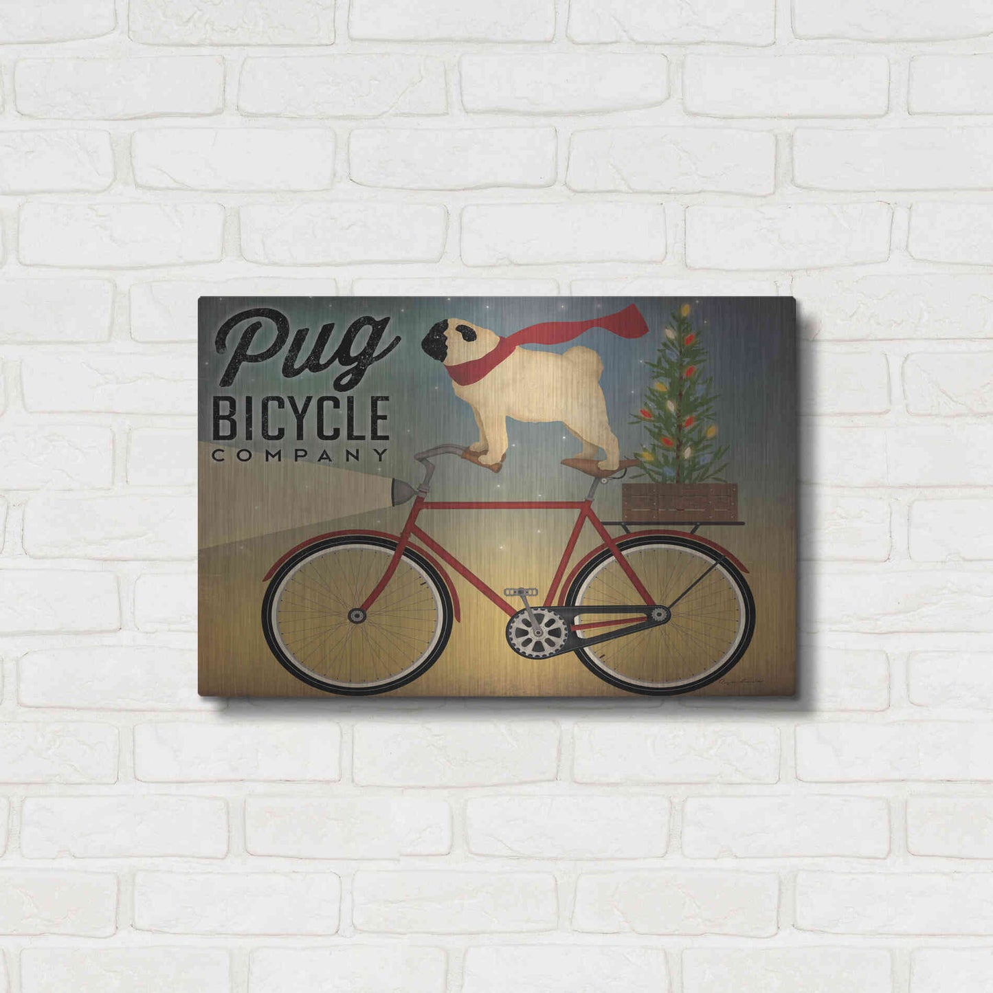 Luxe Metal Art 'Pug On A Bike Christmas Crop' by Ryan Fowler, Metal Wall Art,24x16