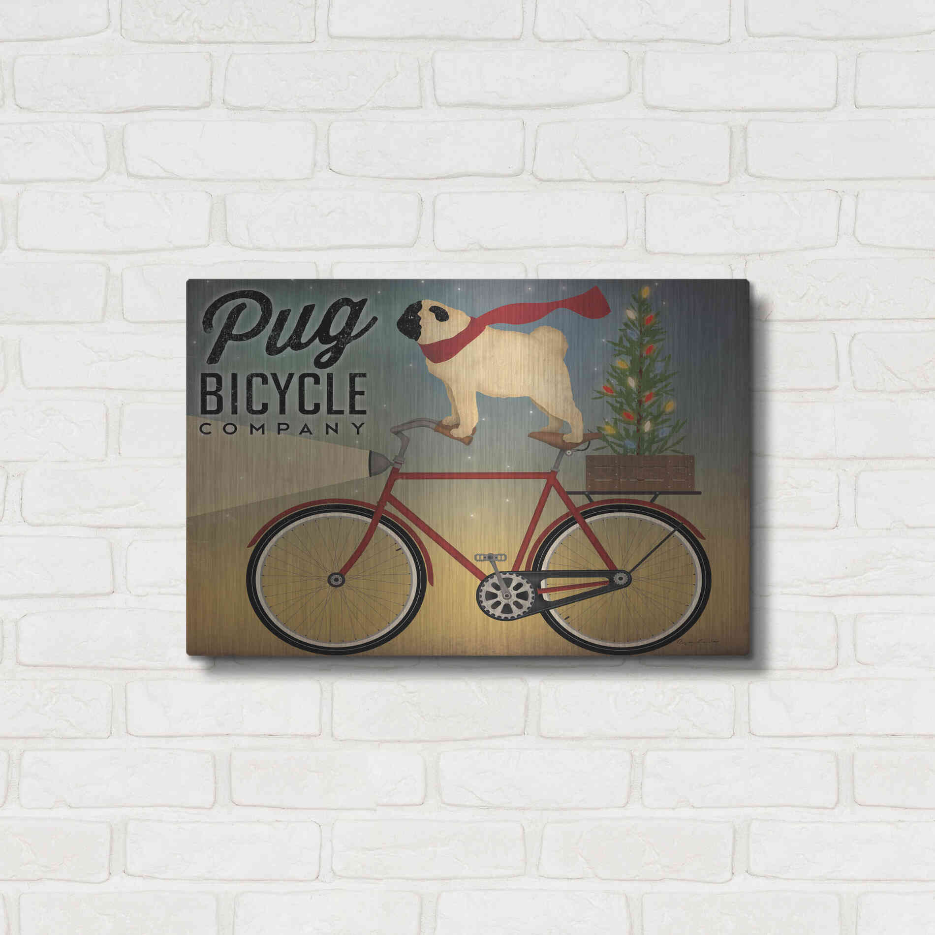 Luxe Metal Art 'Pug On A Bike Christmas Crop' by Ryan Fowler, Metal Wall Art,24x16