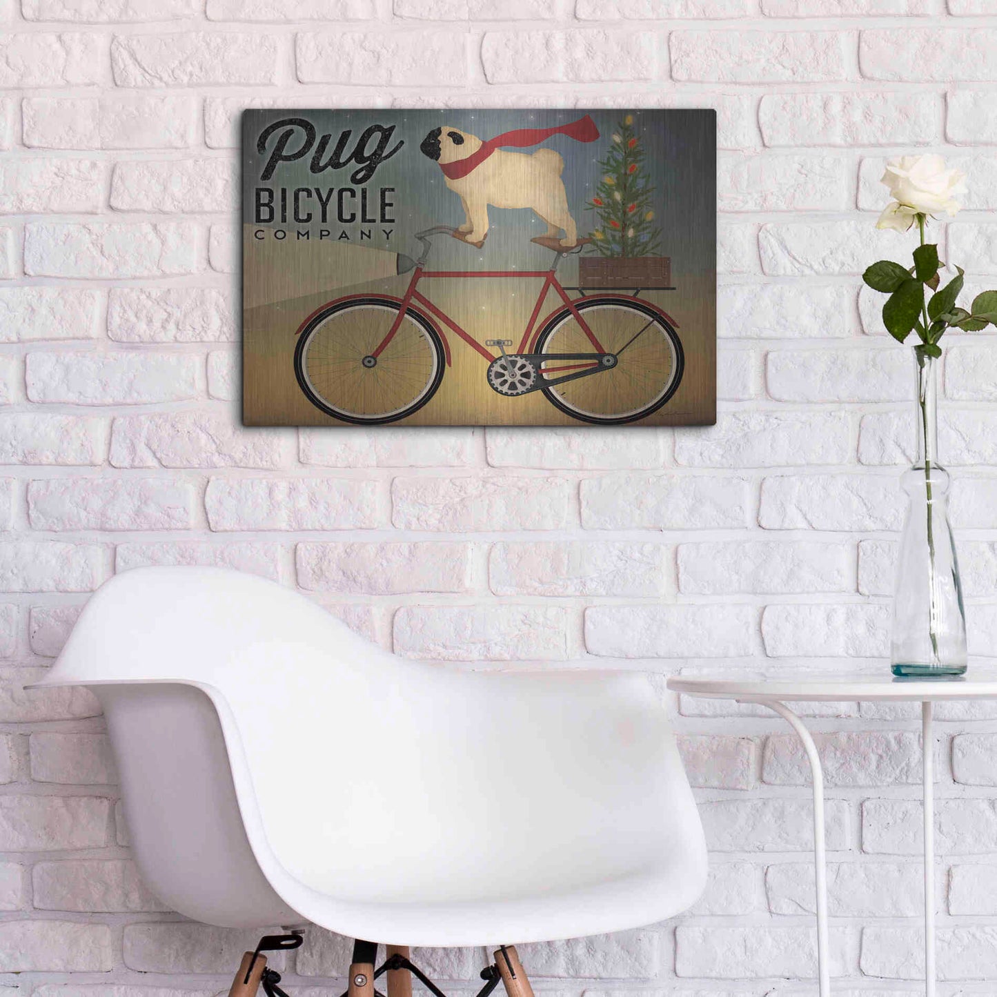 Luxe Metal Art 'Pug On A Bike Christmas Crop' by Ryan Fowler, Metal Wall Art,24x16