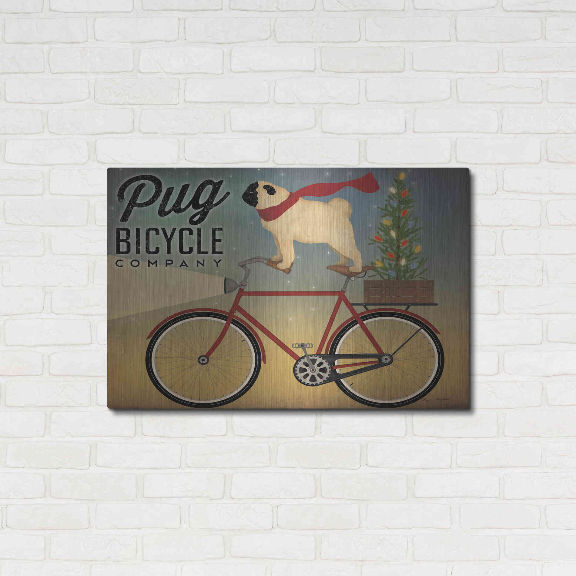 Luxe Metal Art 'Pug On A Bike Christmas Crop' by Ryan Fowler, Metal Wall Art,36x24