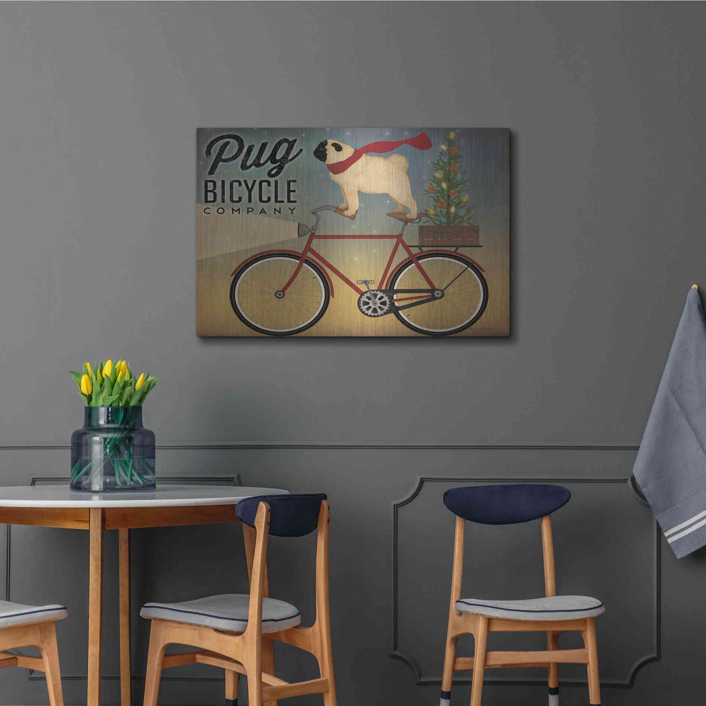 Luxe Metal Art 'Pug On A Bike Christmas Crop' by Ryan Fowler, Metal Wall Art,36x24