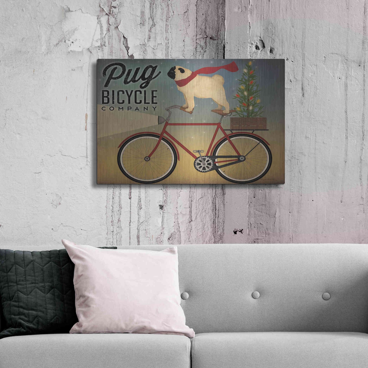 Luxe Metal Art 'Pug On A Bike Christmas Crop' by Ryan Fowler, Metal Wall Art,36x24