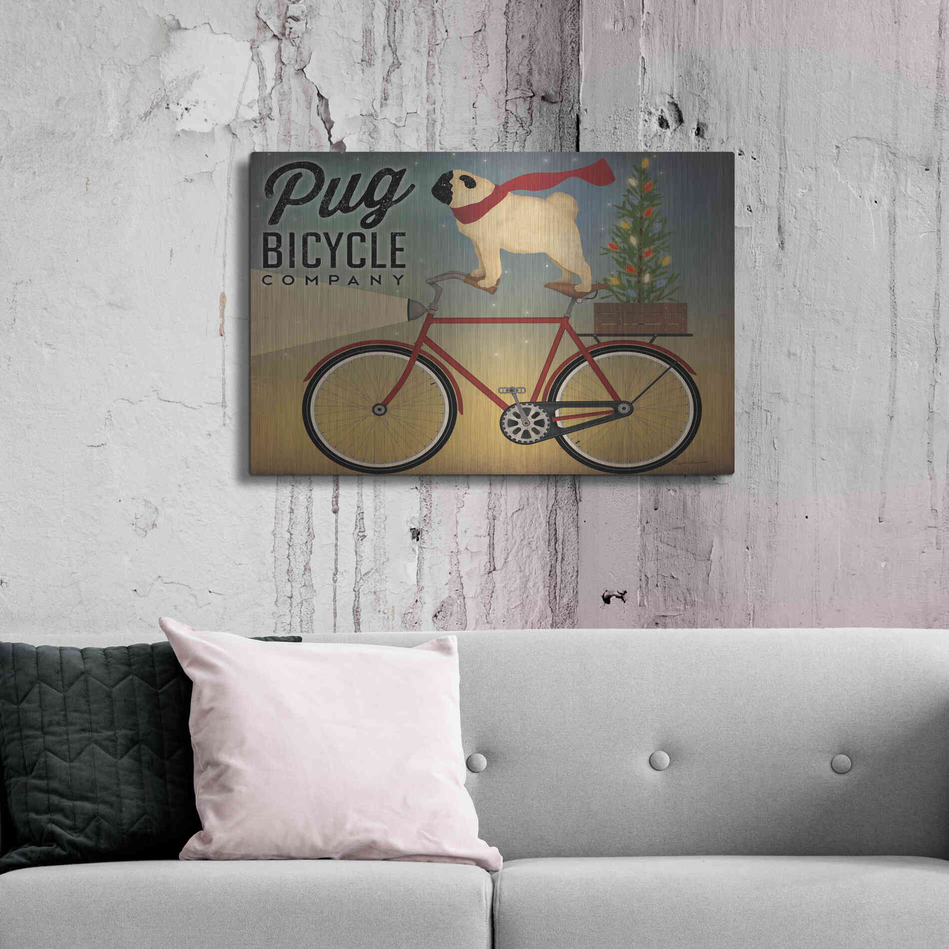 Luxe Metal Art 'Pug On A Bike Christmas Crop' by Ryan Fowler, Metal Wall Art,36x24