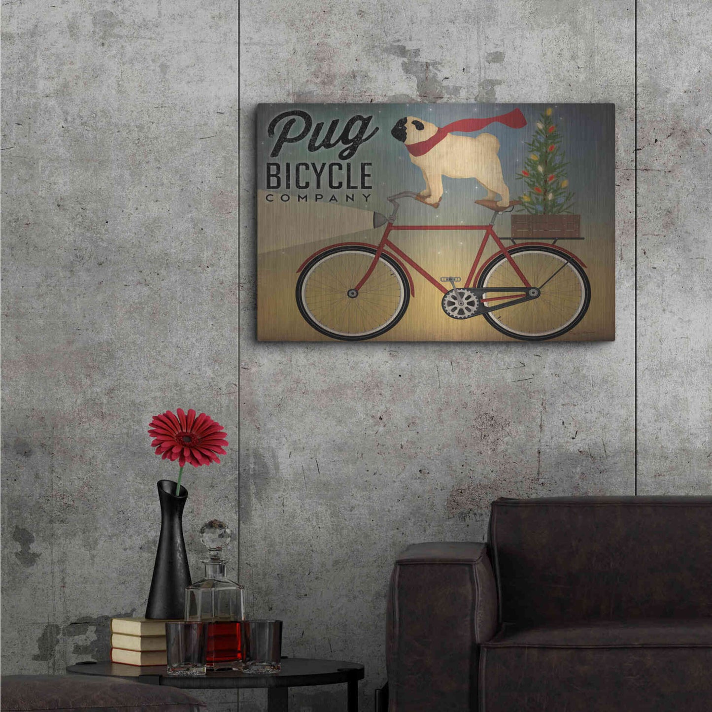 Luxe Metal Art 'Pug On A Bike Christmas Crop' by Ryan Fowler, Metal Wall Art,36x24