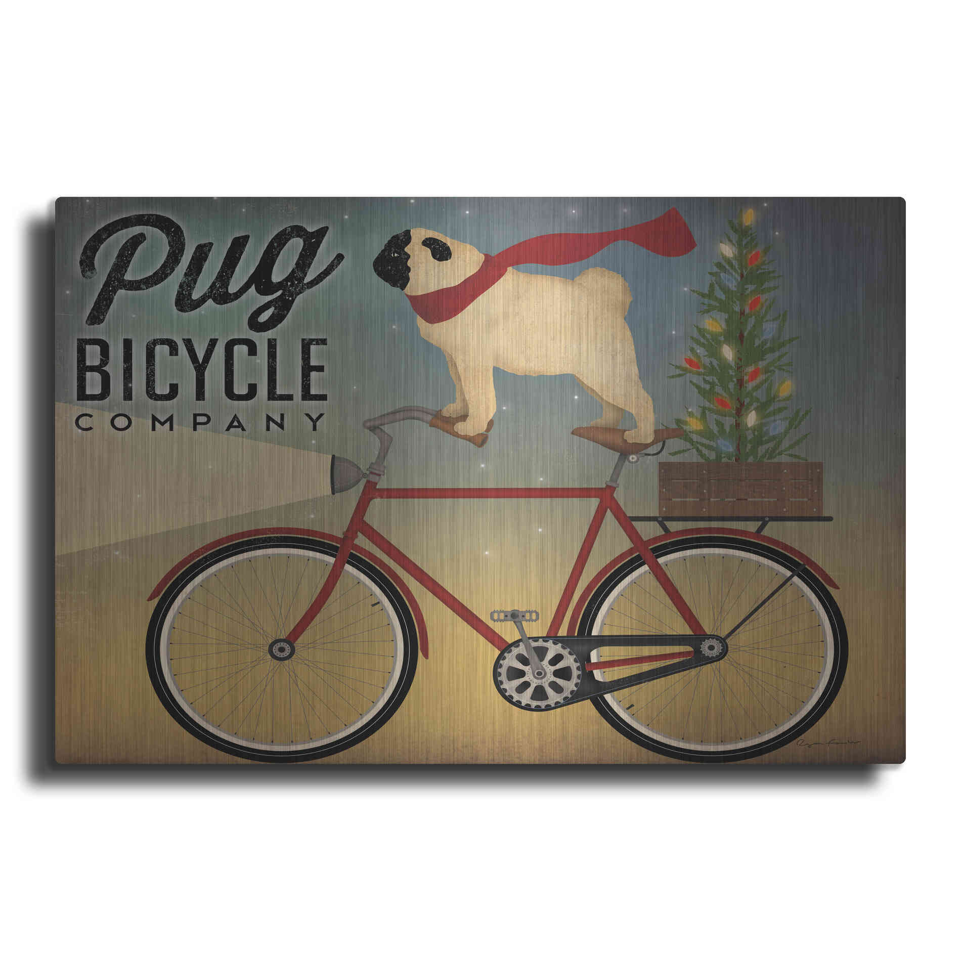 Luxe Metal Art 'Pug On A Bike Christmas Crop' by Ryan Fowler, Metal Wall Art
