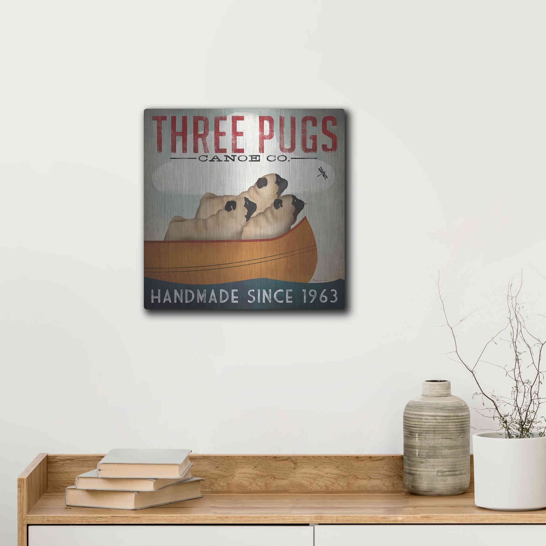 Luxe Metal Art 'Three Pugs In A Canoe' by Ryan Fowler, Metal Wall Art,12x12
