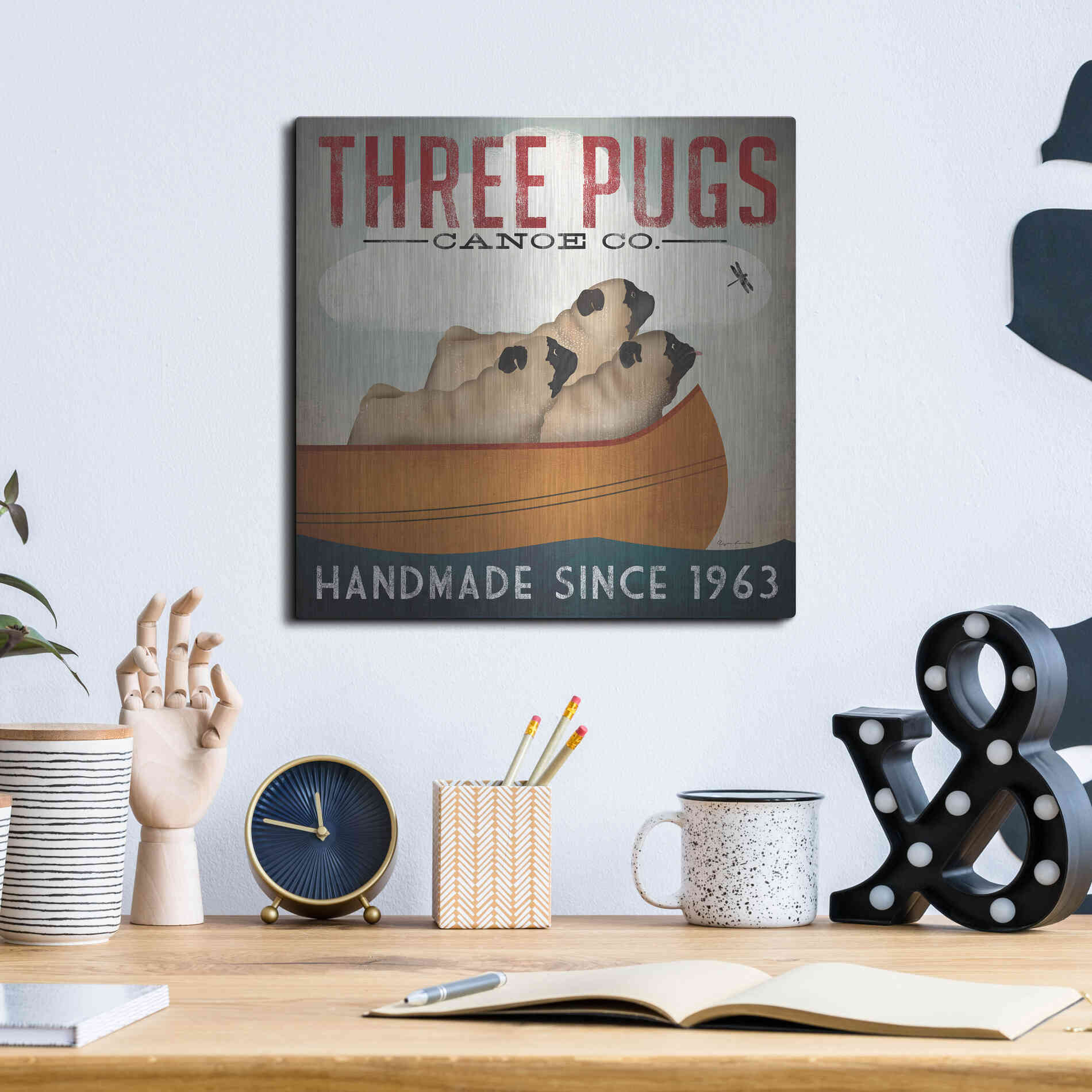 Luxe Metal Art 'Three Pugs In A Canoe' by Ryan Fowler, Metal Wall Art,12x12