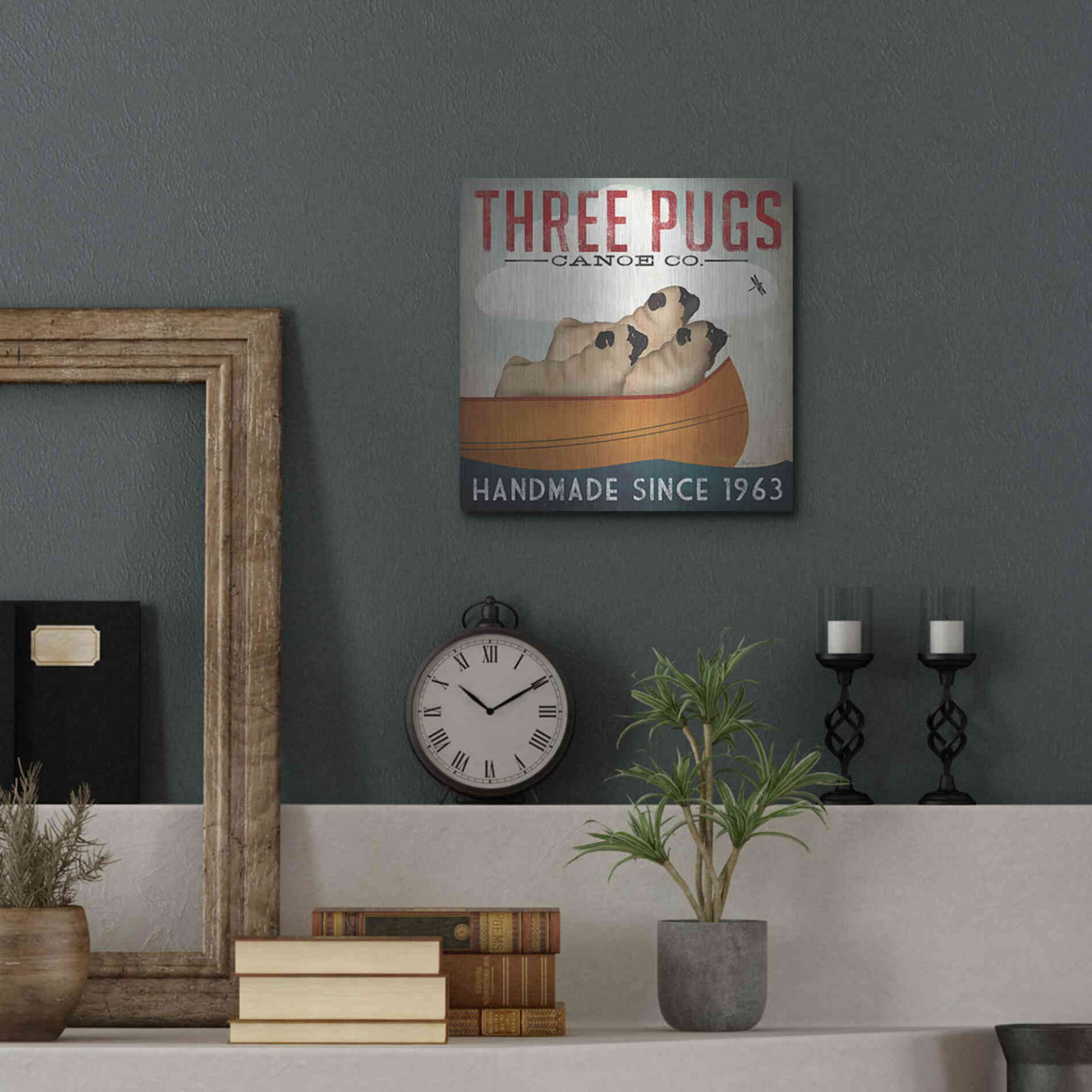 Luxe Metal Art 'Three Pugs In A Canoe' by Ryan Fowler, Metal Wall Art,12x12