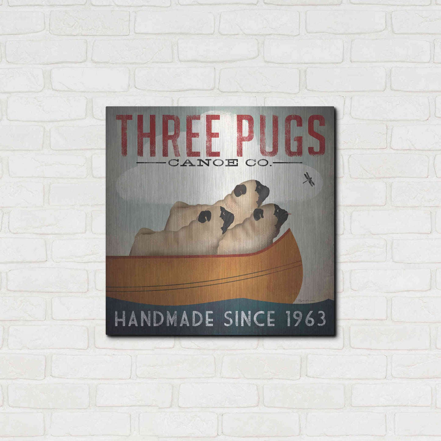 Luxe Metal Art 'Three Pugs In A Canoe' by Ryan Fowler, Metal Wall Art,24x24