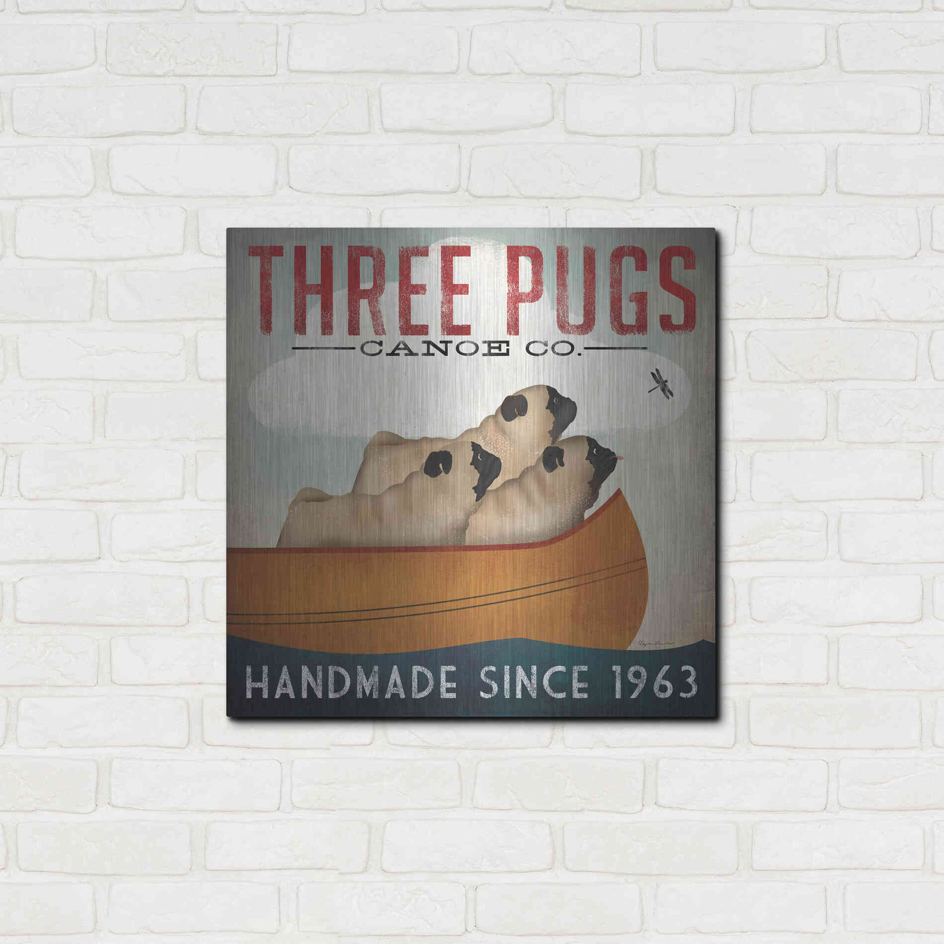 Luxe Metal Art 'Three Pugs In A Canoe' by Ryan Fowler, Metal Wall Art,24x24
