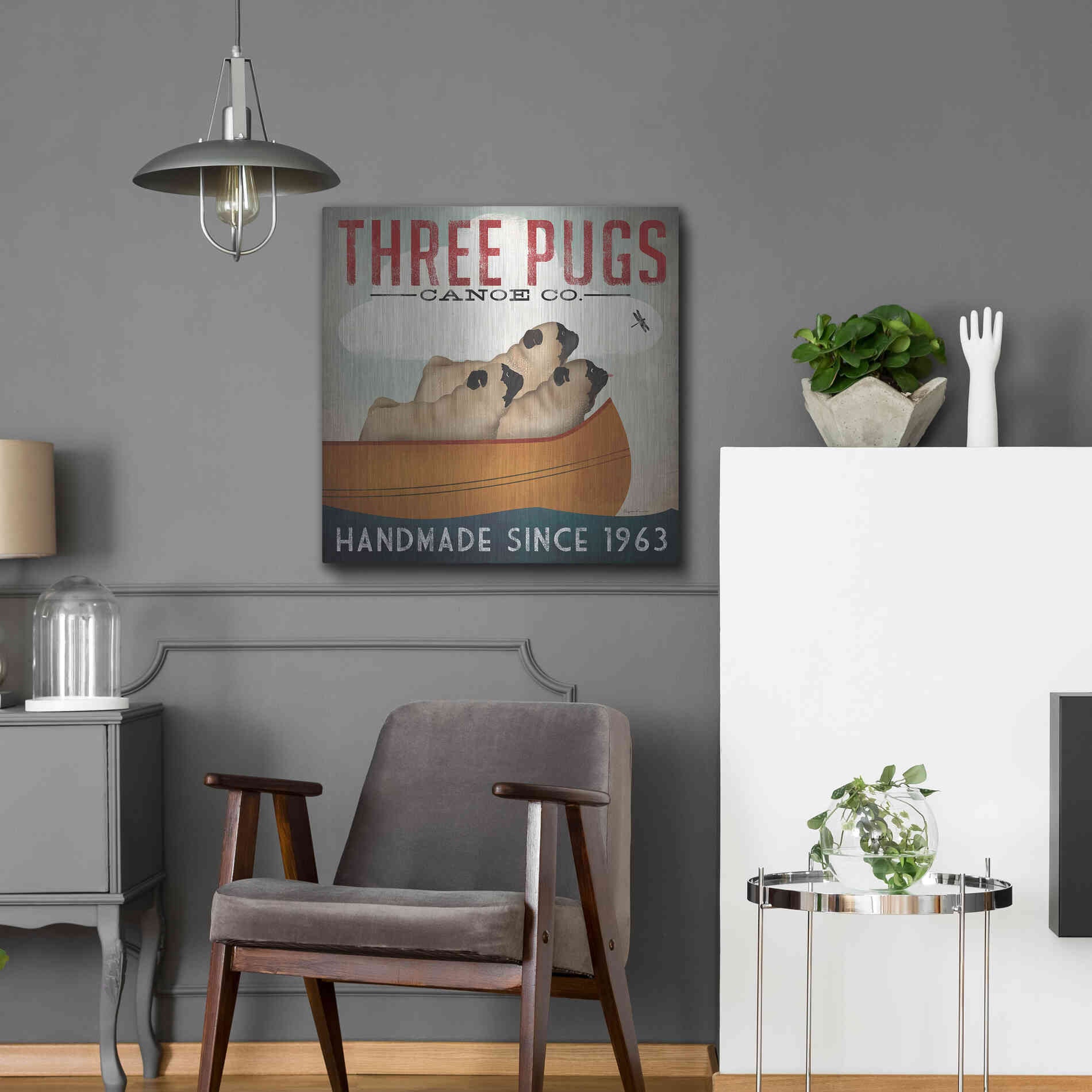 Luxe Metal Art 'Three Pugs In A Canoe' by Ryan Fowler, Metal Wall Art,24x24