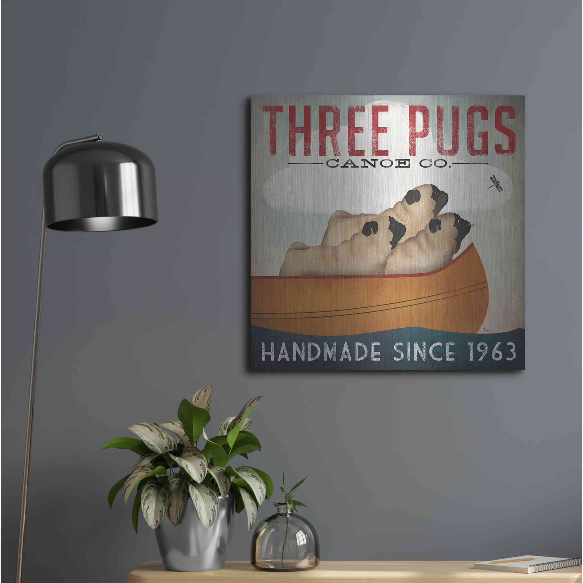 Luxe Metal Art 'Three Pugs In A Canoe' by Ryan Fowler, Metal Wall Art,24x24