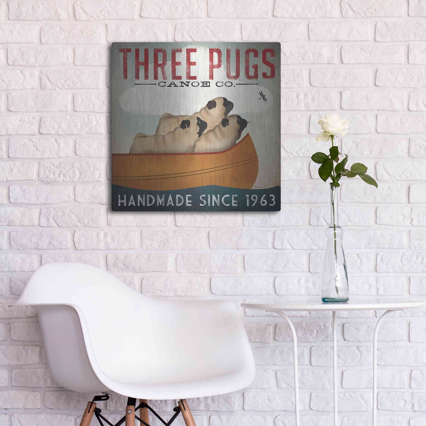 Luxe Metal Art 'Three Pugs In A Canoe' by Ryan Fowler, Metal Wall Art,24x24