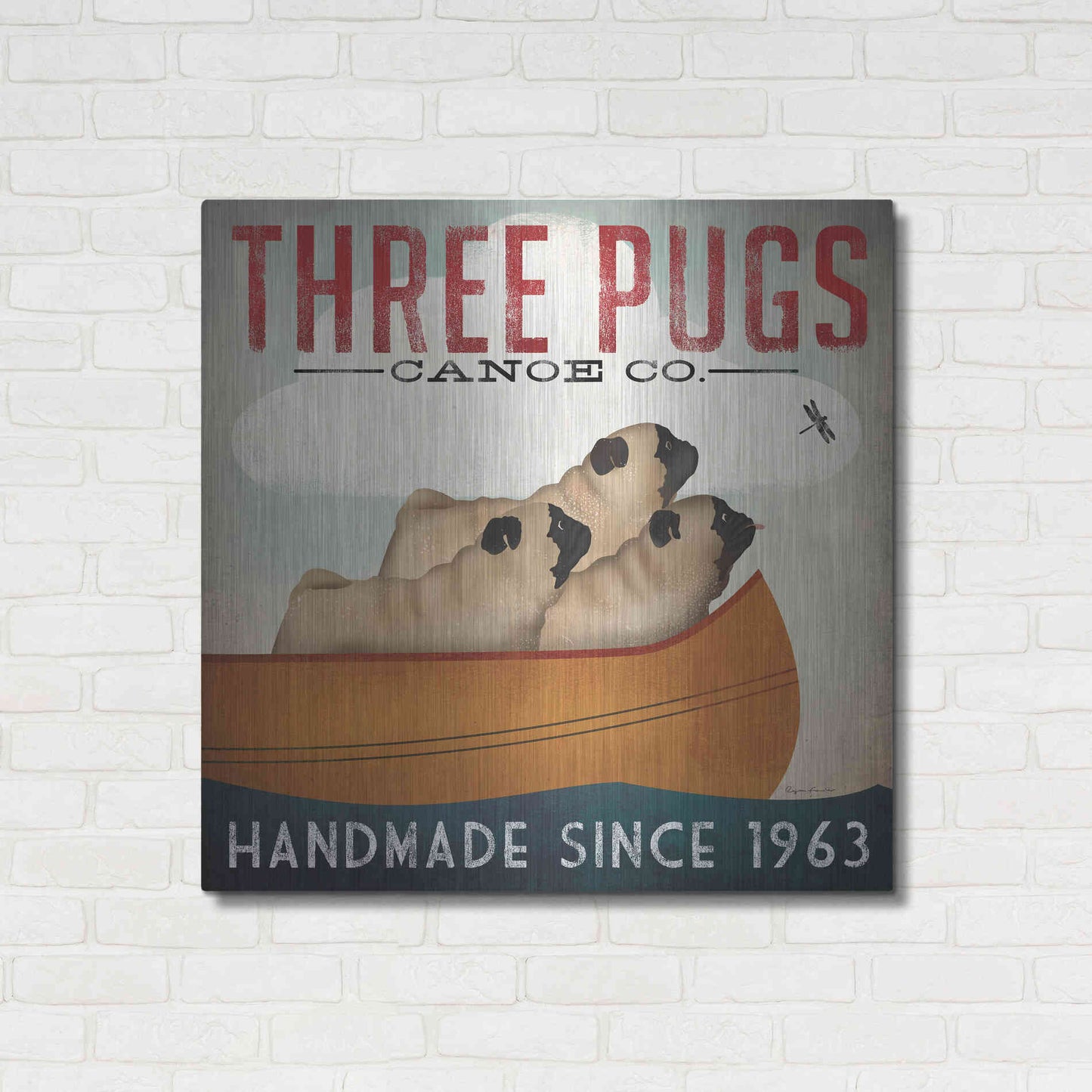 Luxe Metal Art 'Three Pugs In A Canoe' by Ryan Fowler, Metal Wall Art,36x36