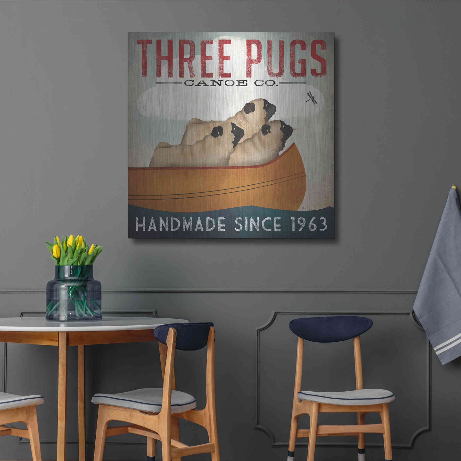 Luxe Metal Art 'Three Pugs In A Canoe' by Ryan Fowler, Metal Wall Art,36x36