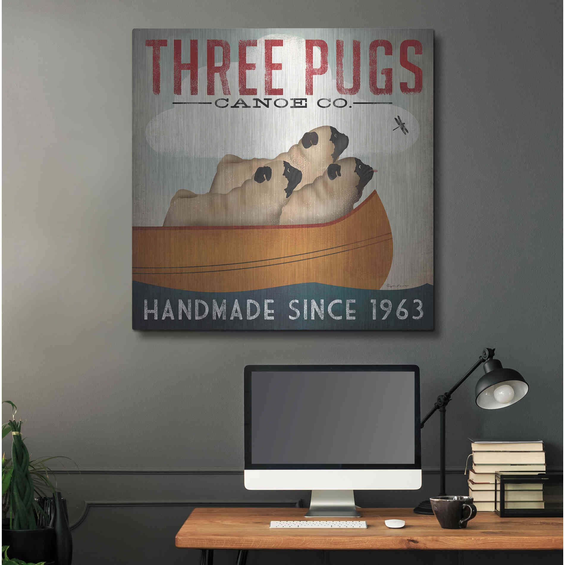 Luxe Metal Art 'Three Pugs In A Canoe' by Ryan Fowler, Metal Wall Art,36x36
