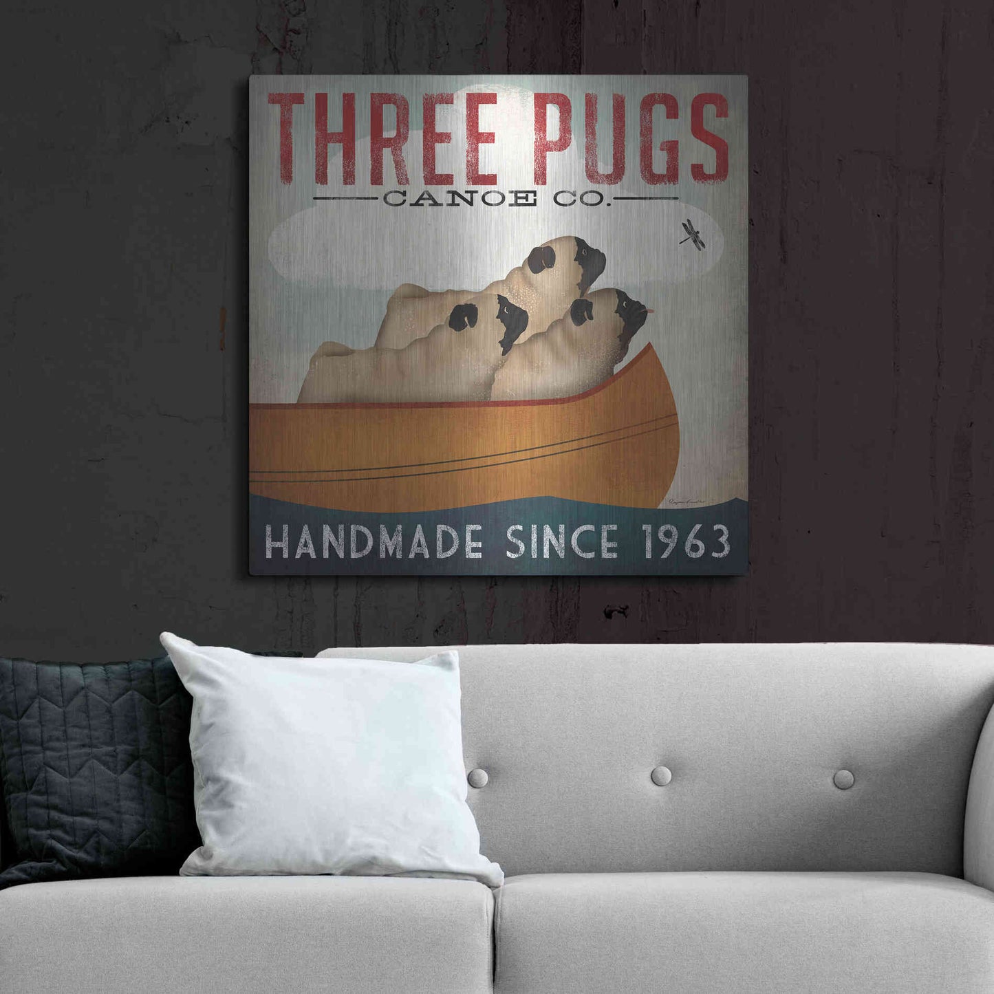 Luxe Metal Art 'Three Pugs In A Canoe' by Ryan Fowler, Metal Wall Art,36x36