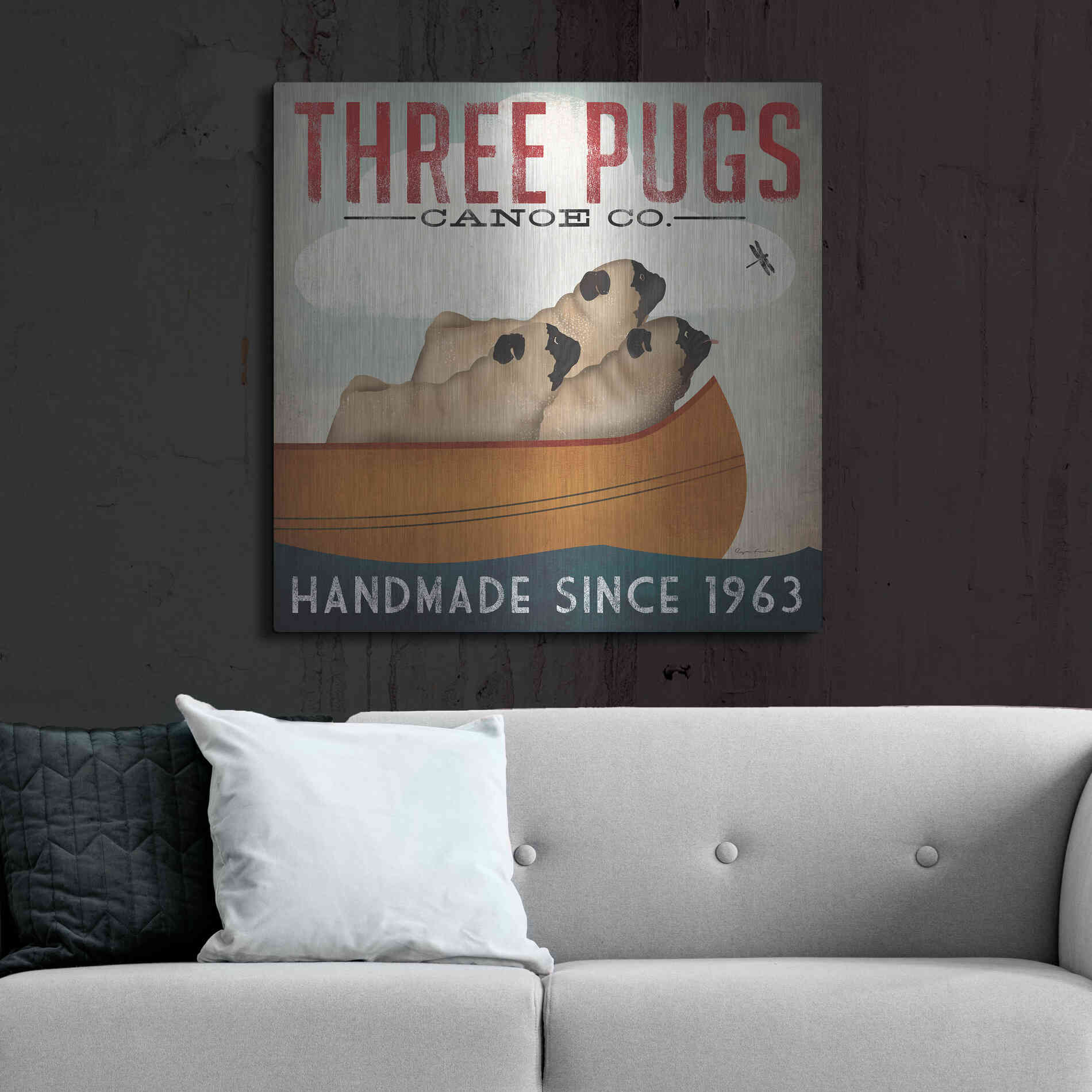 Luxe Metal Art 'Three Pugs In A Canoe' by Ryan Fowler, Metal Wall Art,36x36